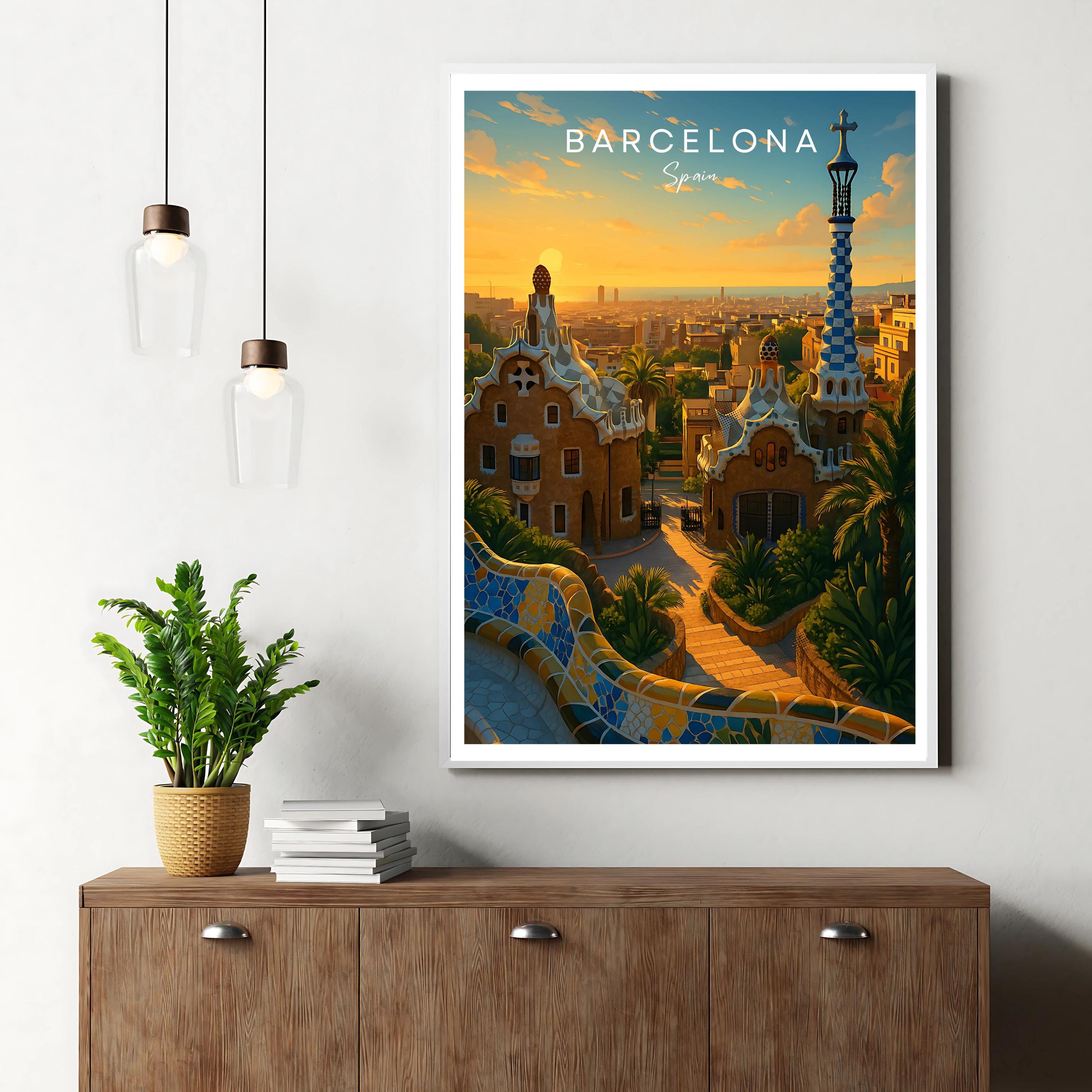 Affiche voyage - Barcelone, Catalogne, Espagne, Parc Güell - art moderne, impression, poster