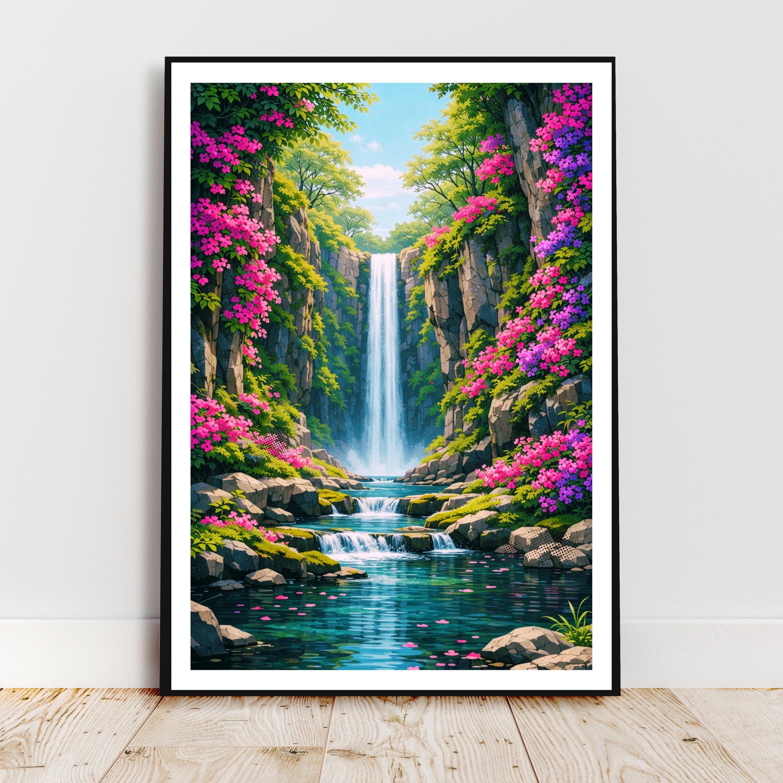 Affiche nature - Cascade, Paysage, Fleurs, Evasion - art moderne, impression, poster