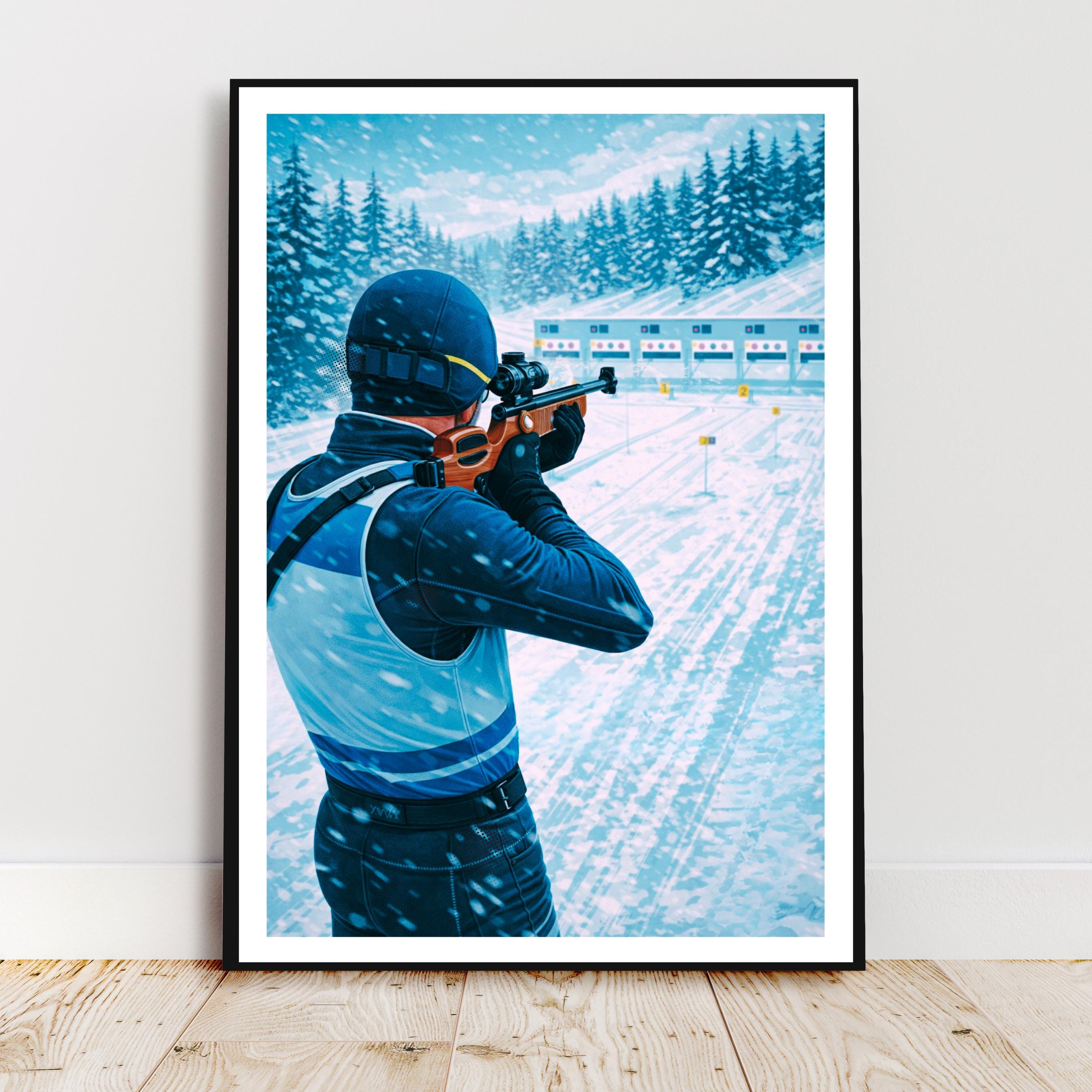 Affiche sport - Biathlon, Ski de Fond, Tir a la Carabine, Hiver - art moderne, impression, poster