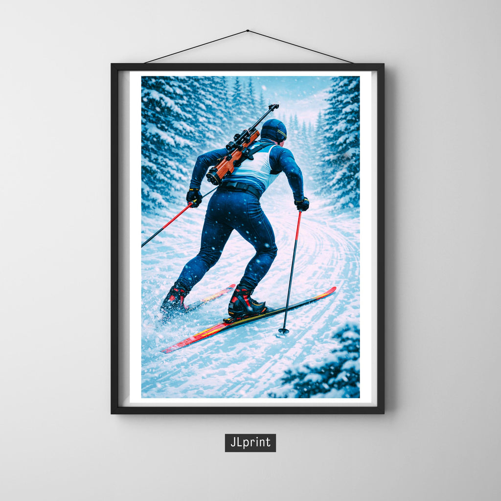 Affiche sport - Biathlon, Ski de Fond, Tir a la Carabine, Hiver - art moderne, impression, poster