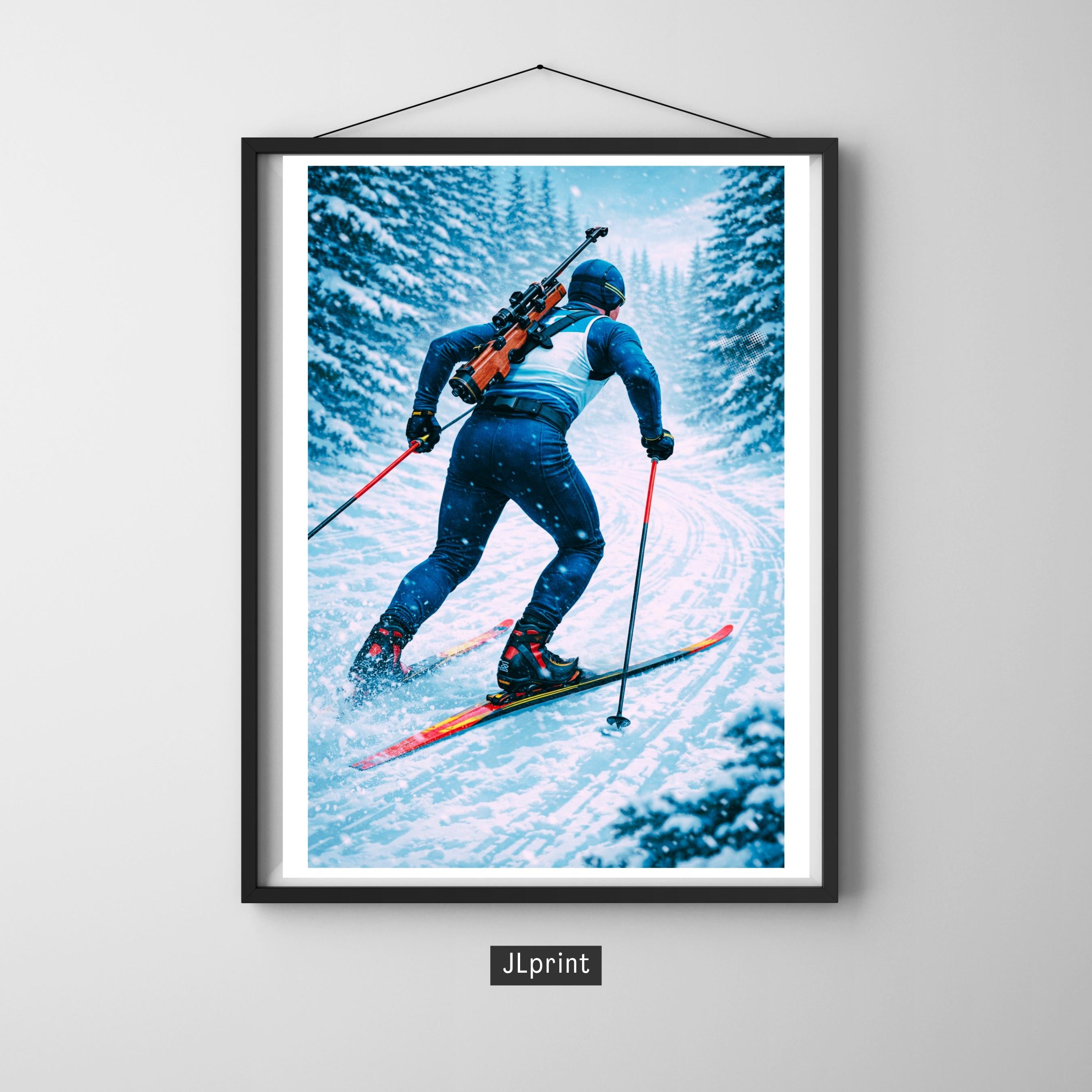 Affiche sport - Biathlon, Ski de Fond, Tir a la Carabine, Hiver - art moderne, impression, poster