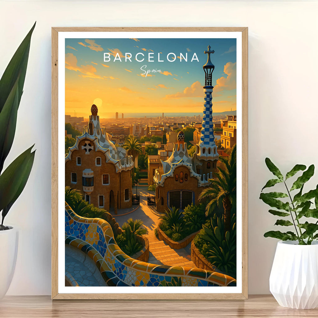 Affiche voyage - Barcelone, Catalogne, Espagne, Parc Güell - art moderne, impression, poster