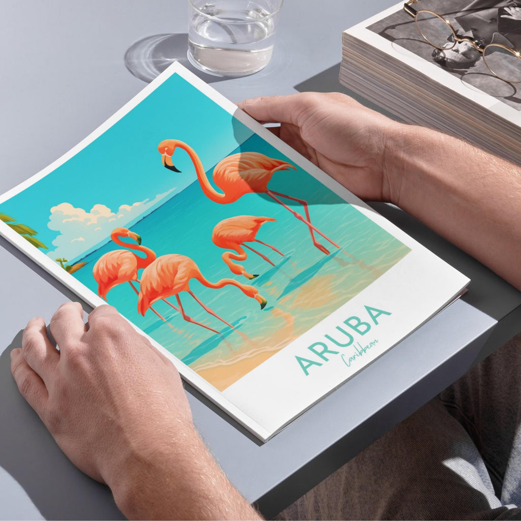 Affiche voyage - Aruba, Antilles, Caraïbes, Flamants Roses - art moderne, impression, poster