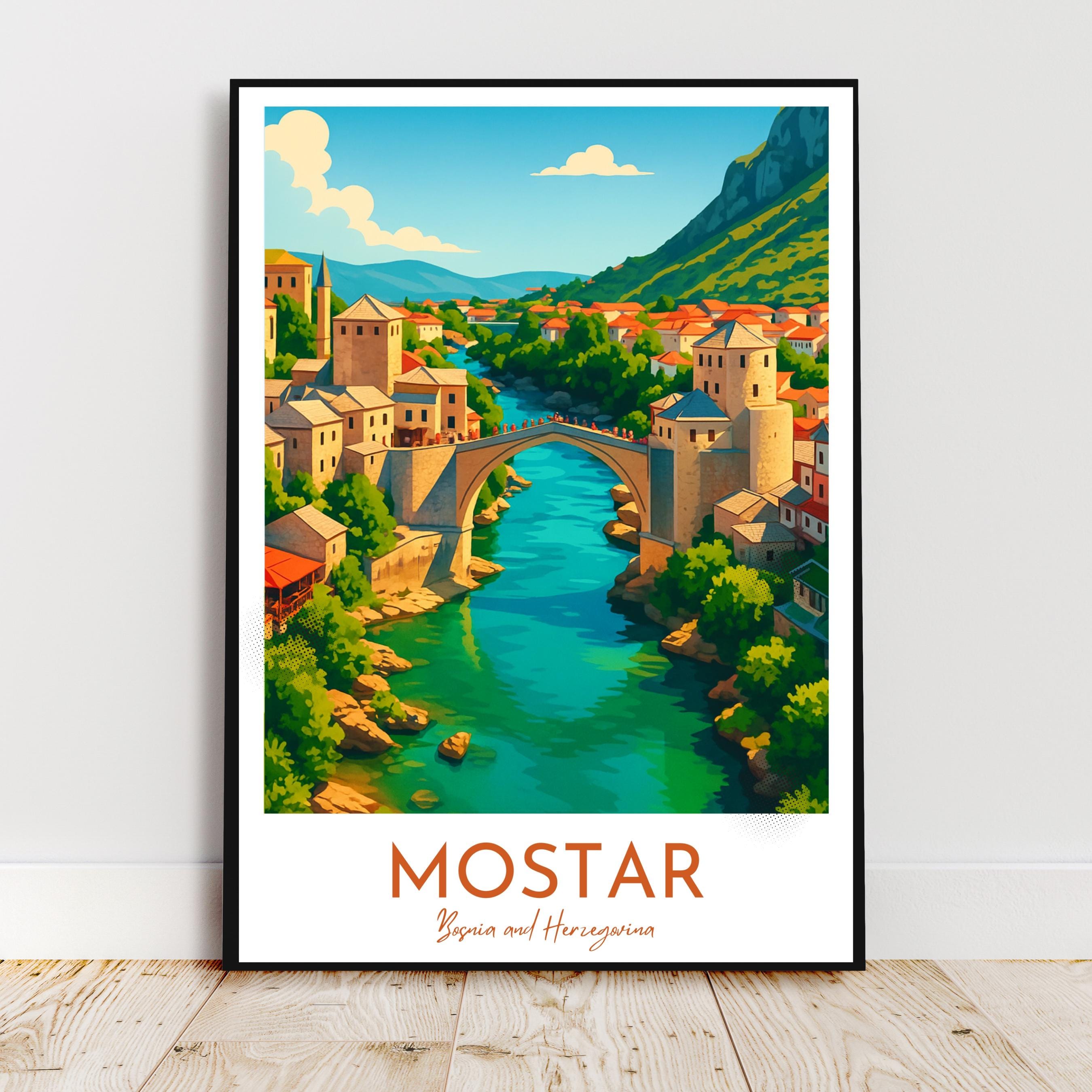 Affiche voyage - Mostar, Bosnie Herzégovine, Balkans, Vieux Pont - art moderne, impression, poster