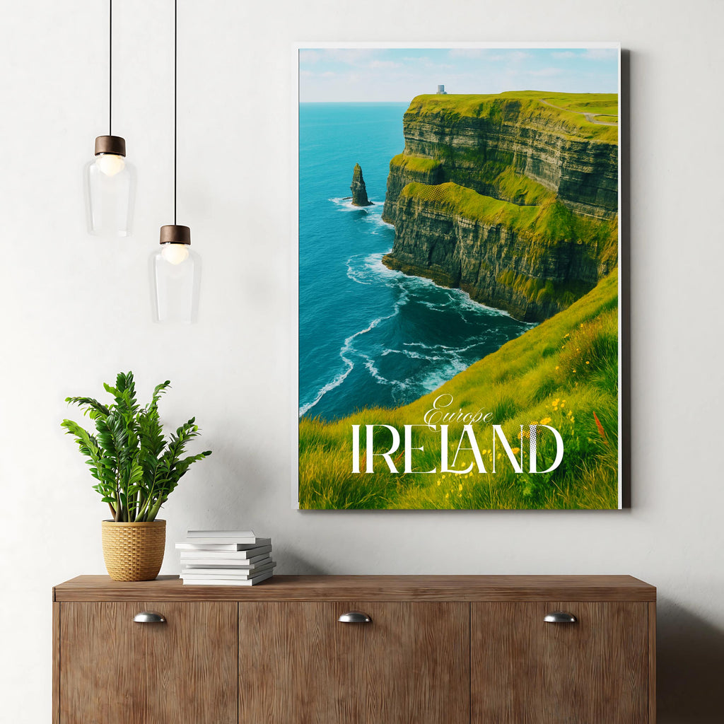 Affiche voyage - Irlande, Europe, Falaises de Moher, Océan Atlantique - art moderne, impression, poster