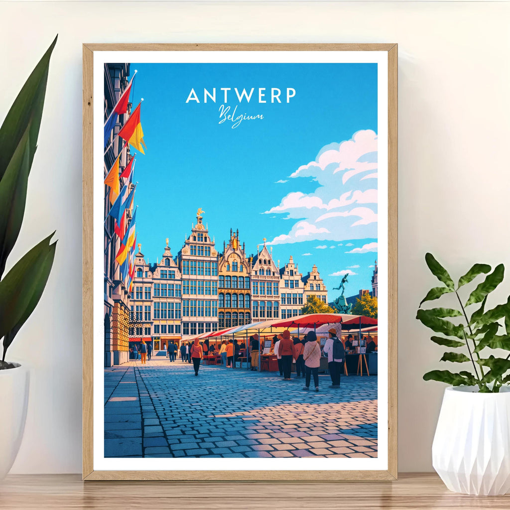 Affiche voyage - Anvers, Flandre, Belgique, Grande Place - art moderne, impression, poster