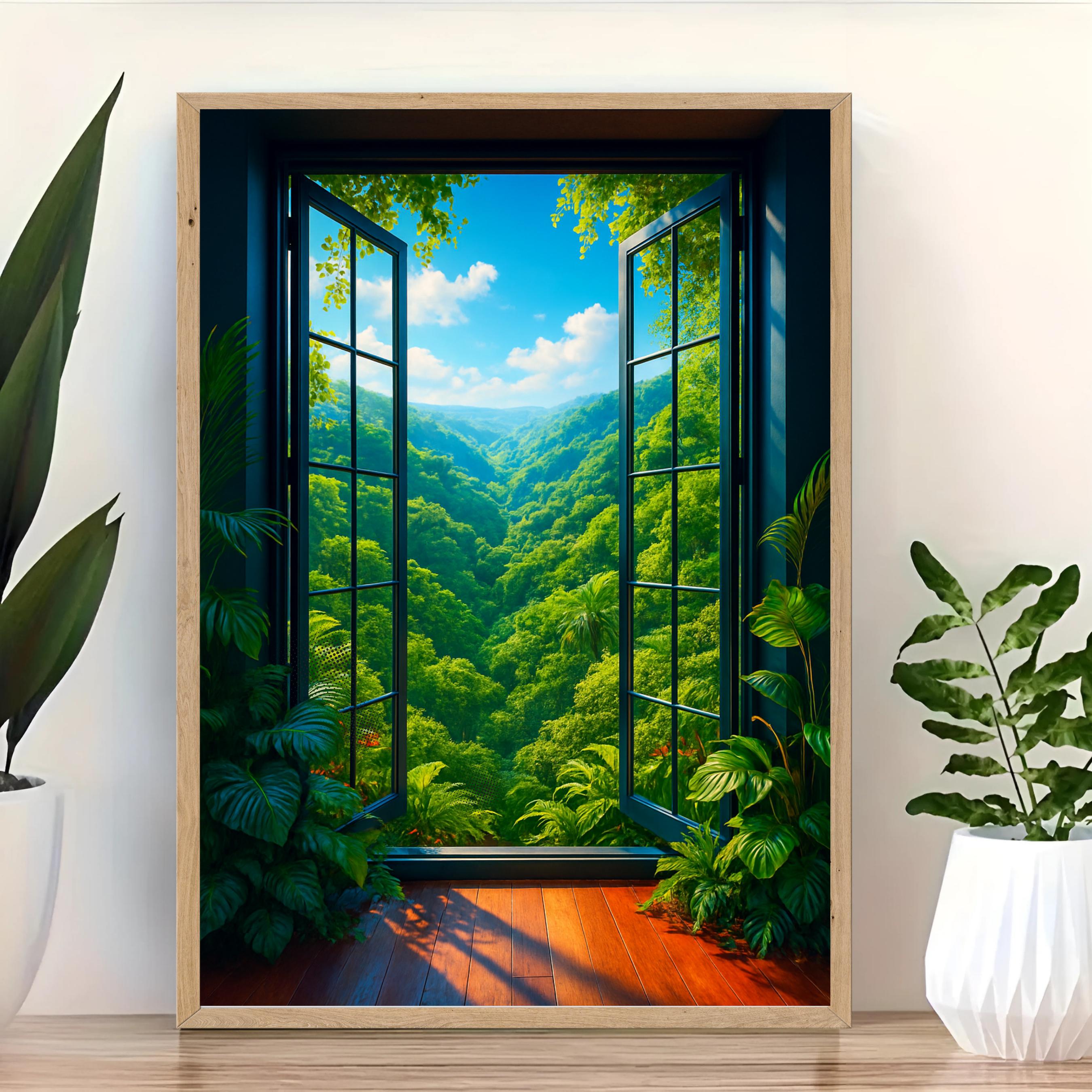 Affiche nature -  Fenêtre, Paysage, Jungle, Plantes - art moderne, impression, poster