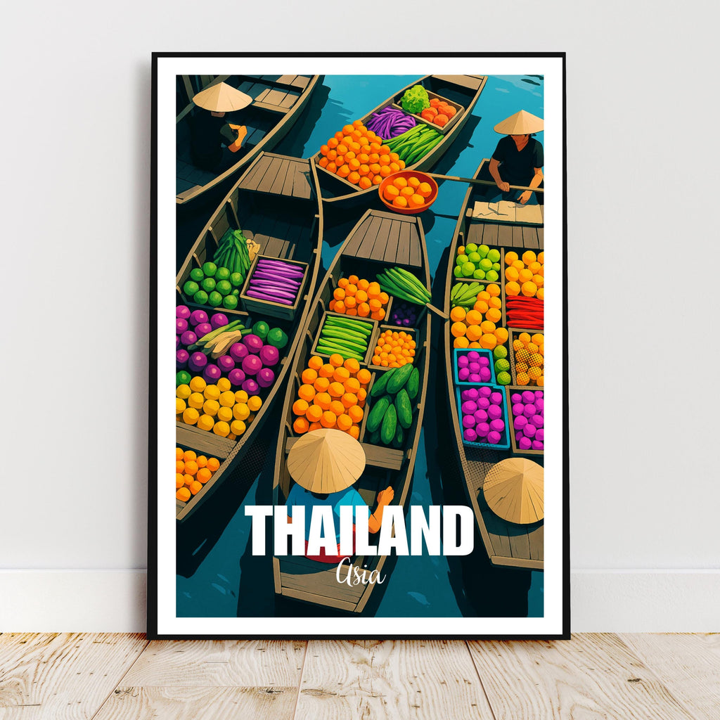 Affiche voyage - Thaïlande, Asie, Marché Flottant, Pirogues - art moderne, impression, poster