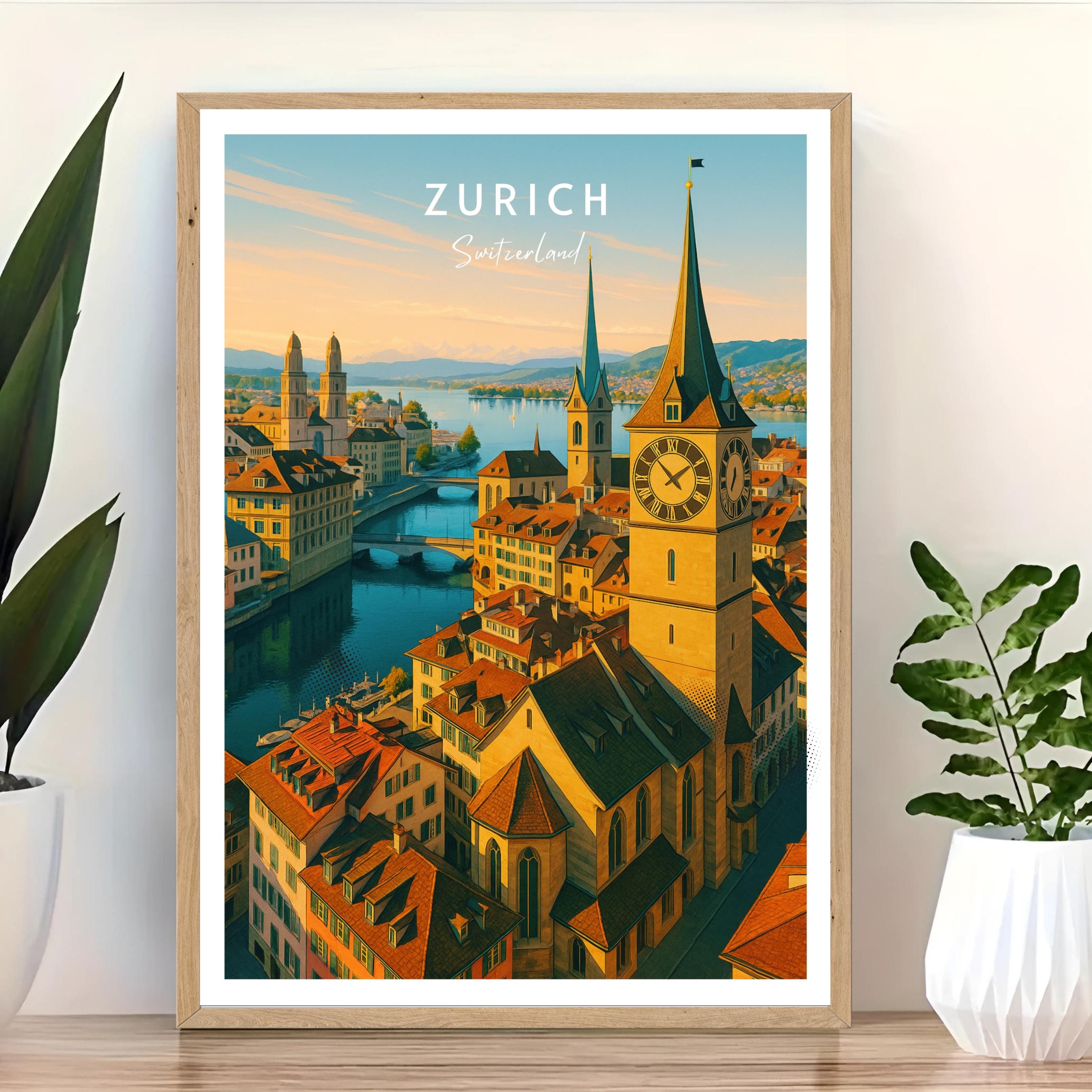 Affiche voyage - Zurich, Suisse, Europe, Lac de Zurich - art moderne, impression, poster