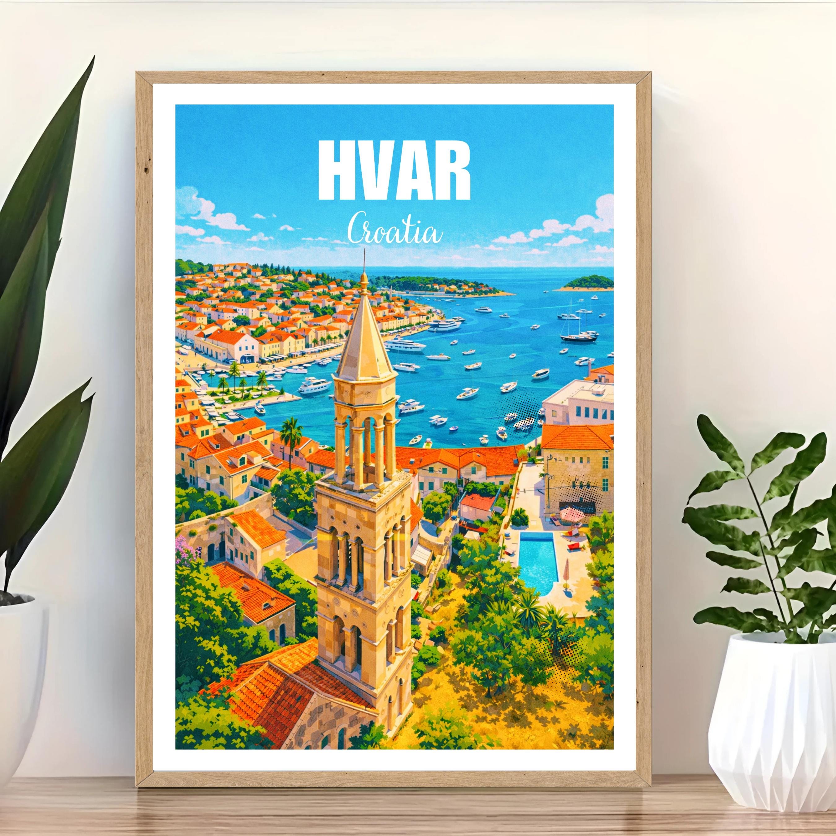 Affiche voyage - Hvar, Dalmatie, Croatie, Adriatique - art moderne, impression, poster