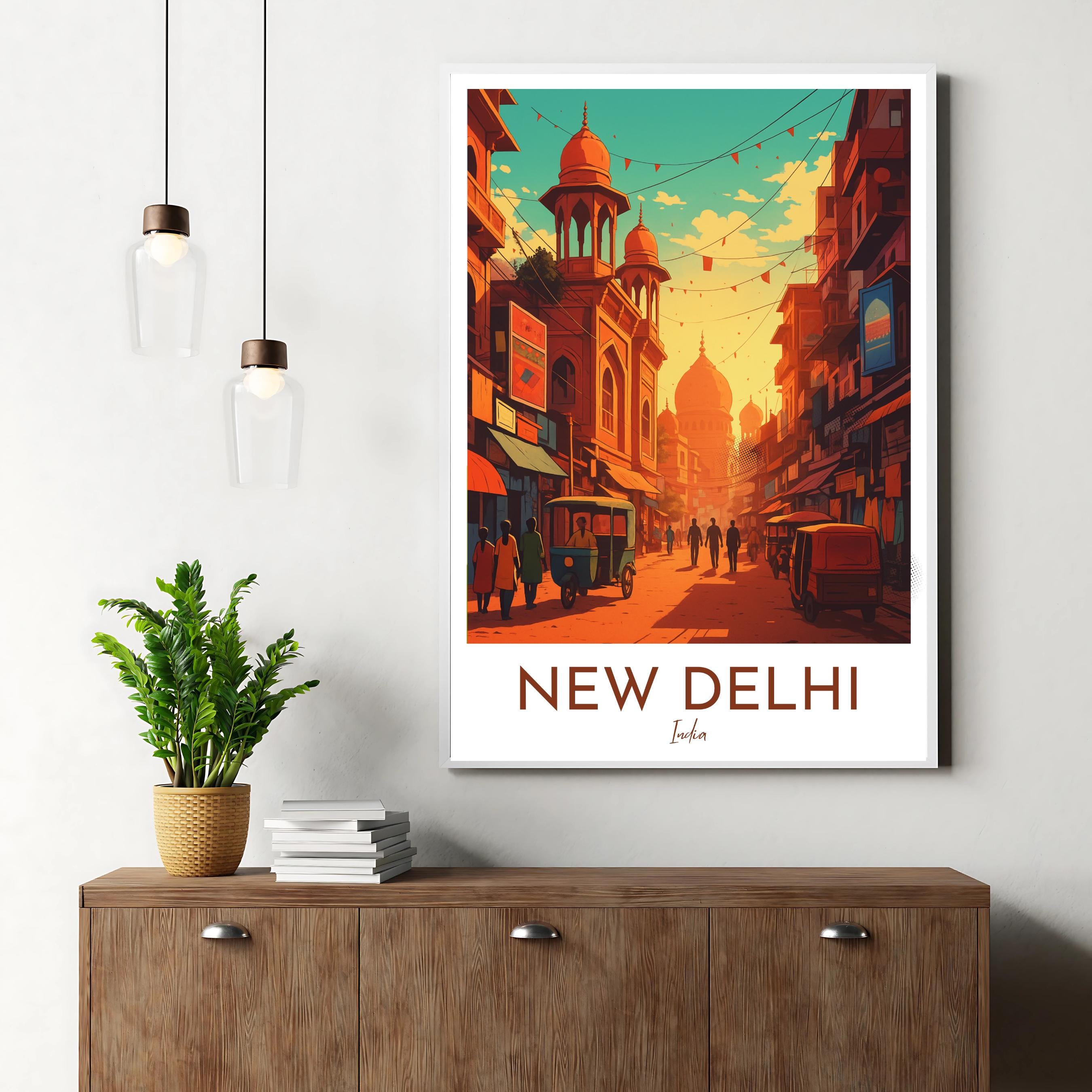 Affiche voyage - New Delhi, Inde, Asie, Rue Animée - art moderne, impression, poster