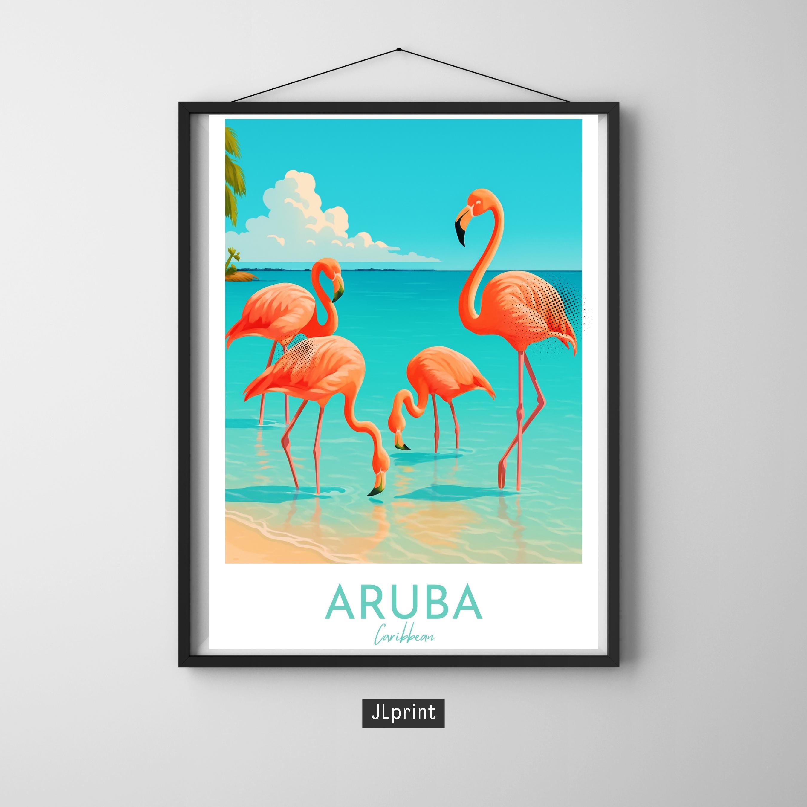 Affiche voyage - Aruba, Antilles, Caraïbes, Flamants Roses - art moderne, impression, poster