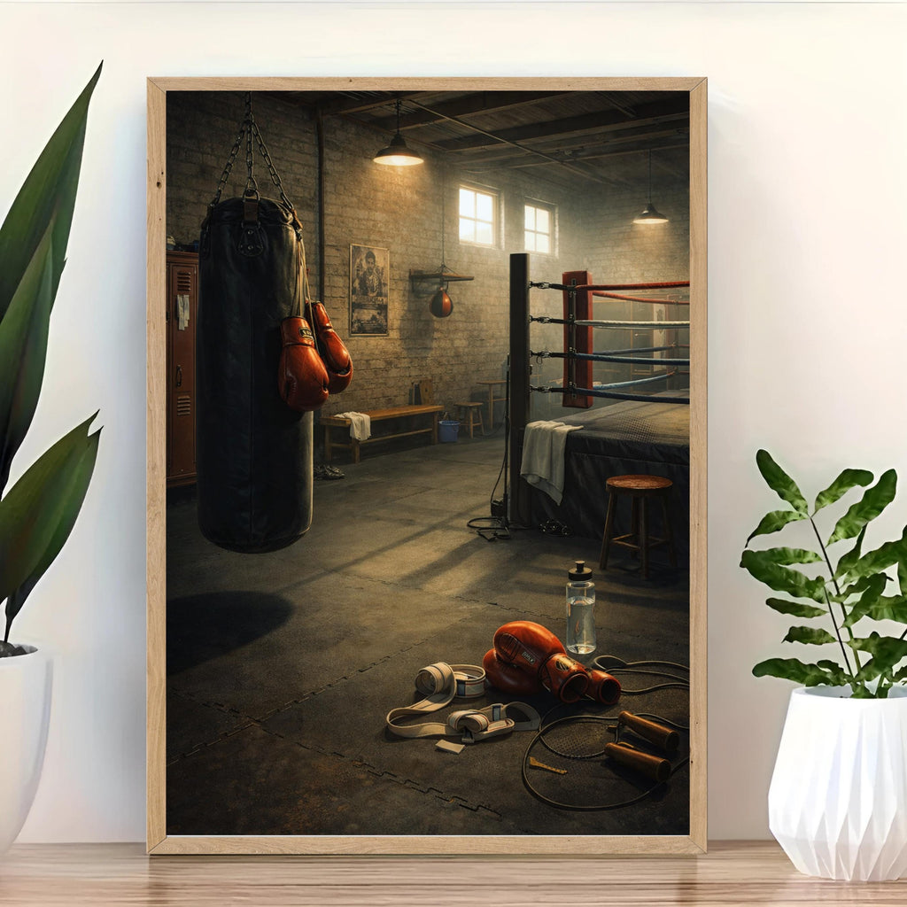 Affiche sport - Boxe, Salle Entrainement, Gants, Sac de Frappe - art moderne, impression, poster