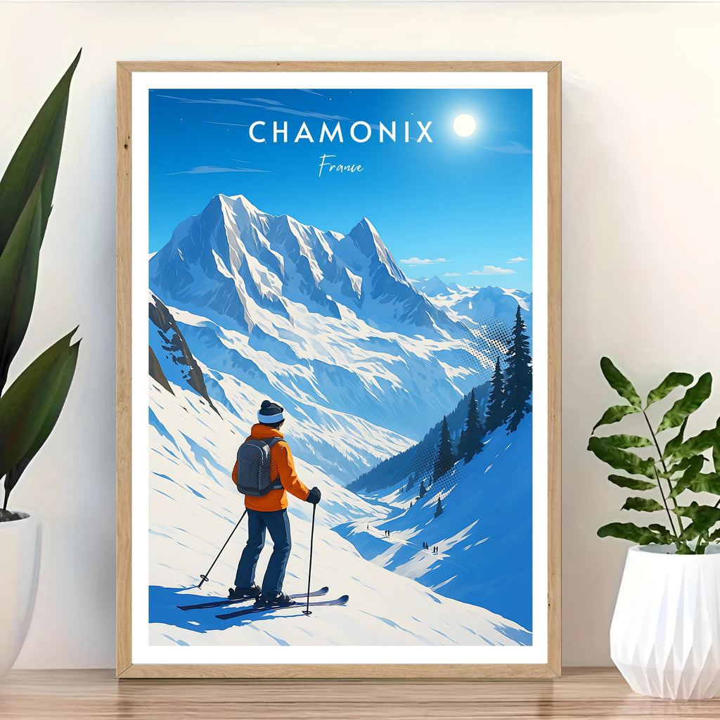 Affiche voyage - Chamonix, Alpes, France, Ski - art moderne, impression, poster