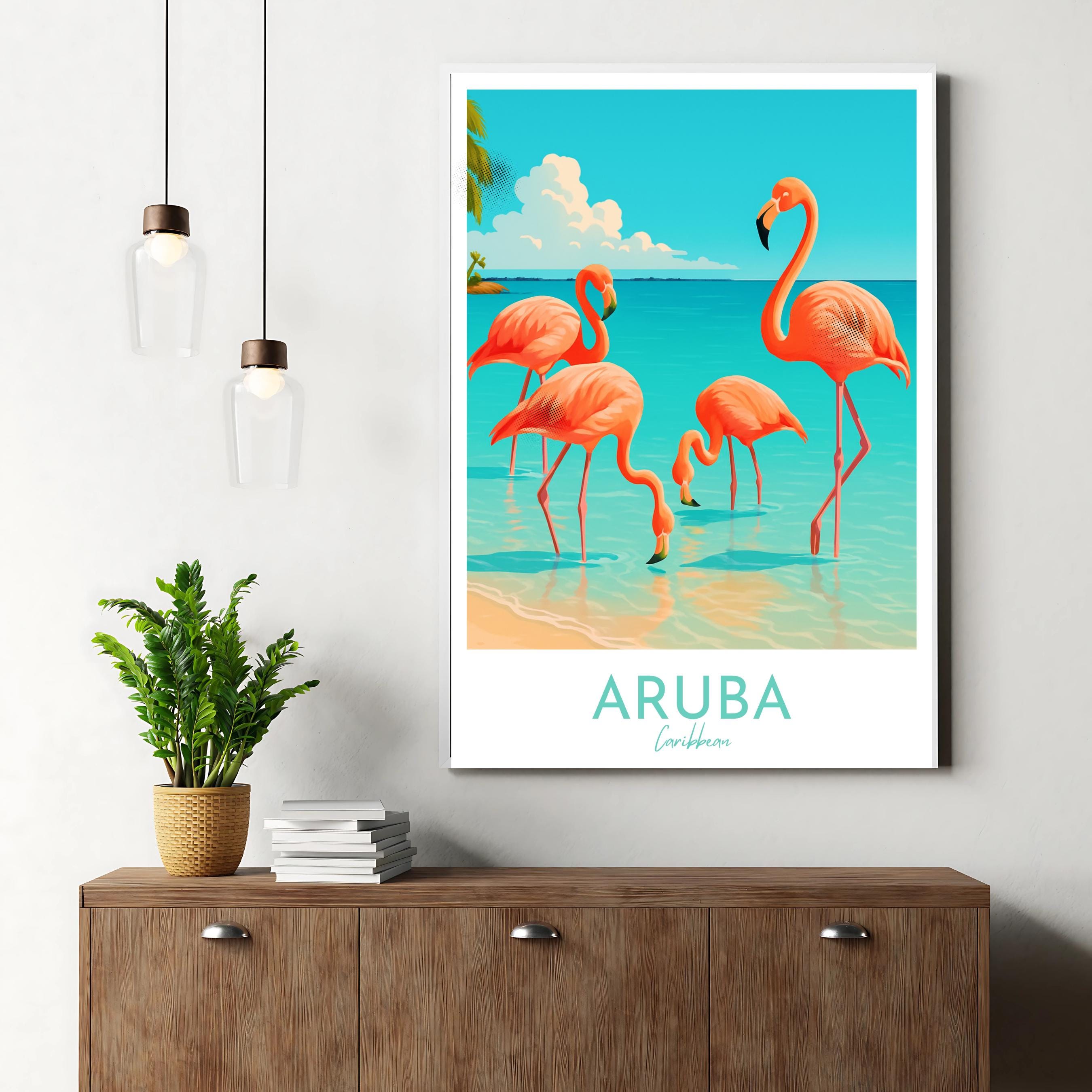 Affiche voyage - Aruba, Antilles, Caraïbes, Flamants Roses - art moderne, impression, poster