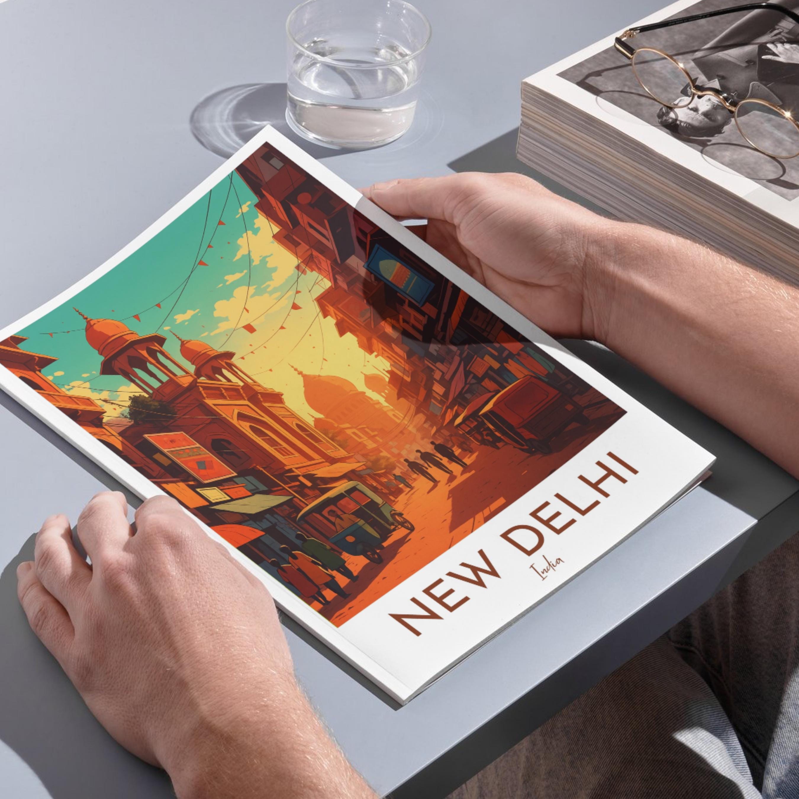 Affiche voyage - New Delhi, Inde, Asie, Rue Animée - art moderne, impression, poster