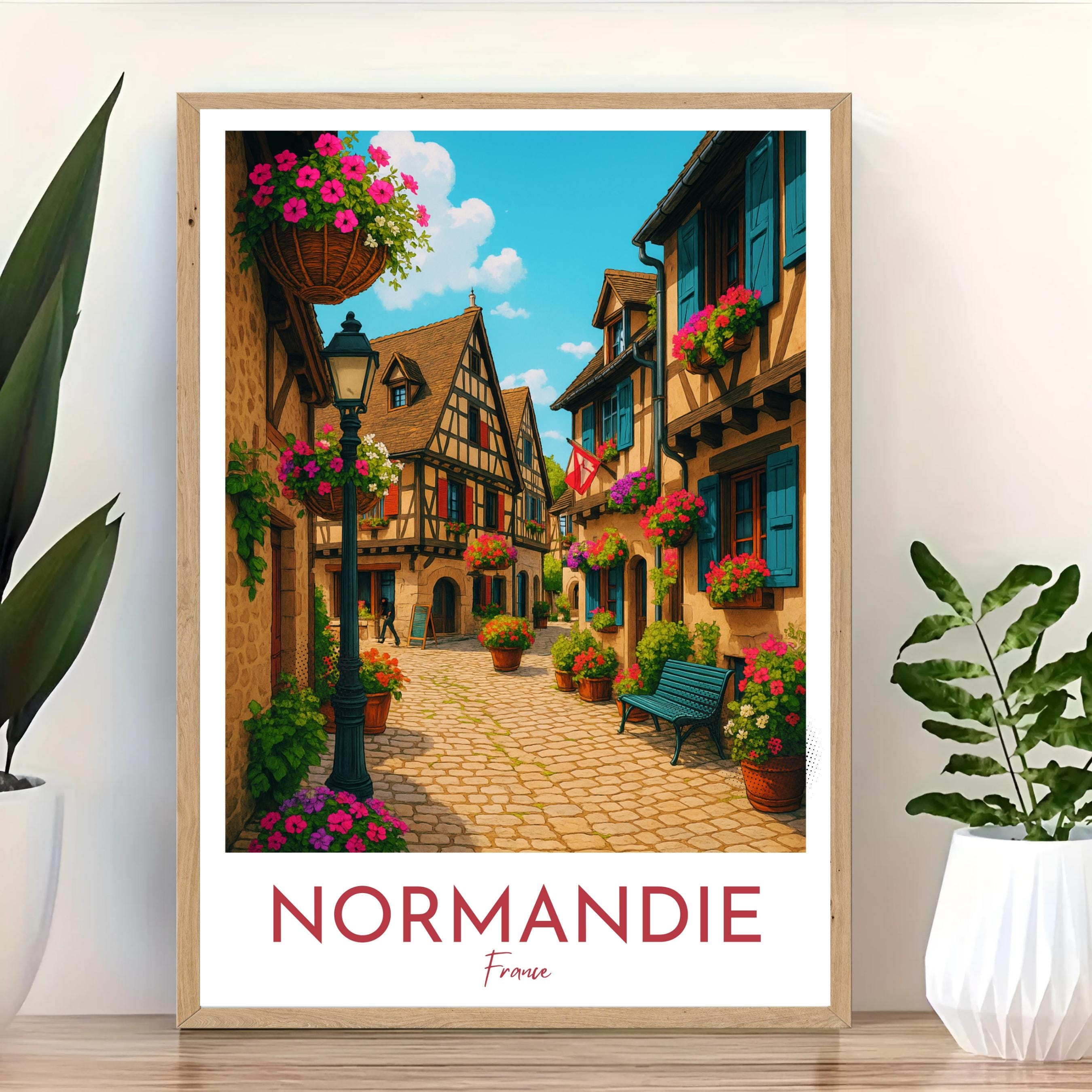 Affiche voyage - Normandie, France, Village, Fleurs - moderne, impression, poster