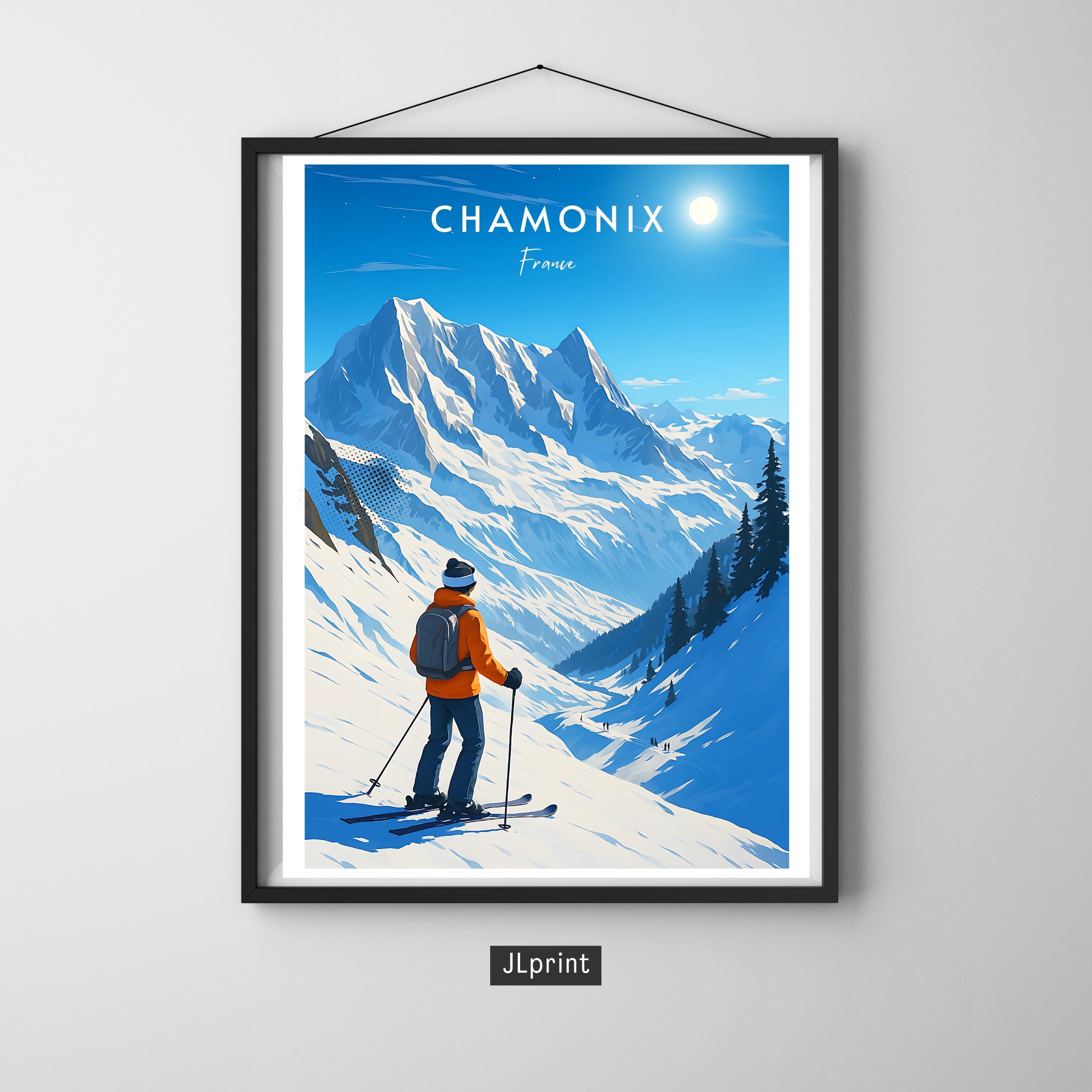 Affiche voyage - Chamonix, Alpes, France, Ski - art moderne, impression, poster