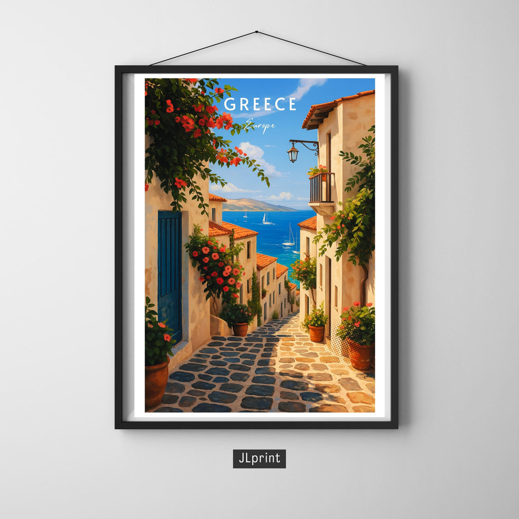 Affiche voyage - Grèce, Europe, Méditerranée, Village - art moderne, impression, poster