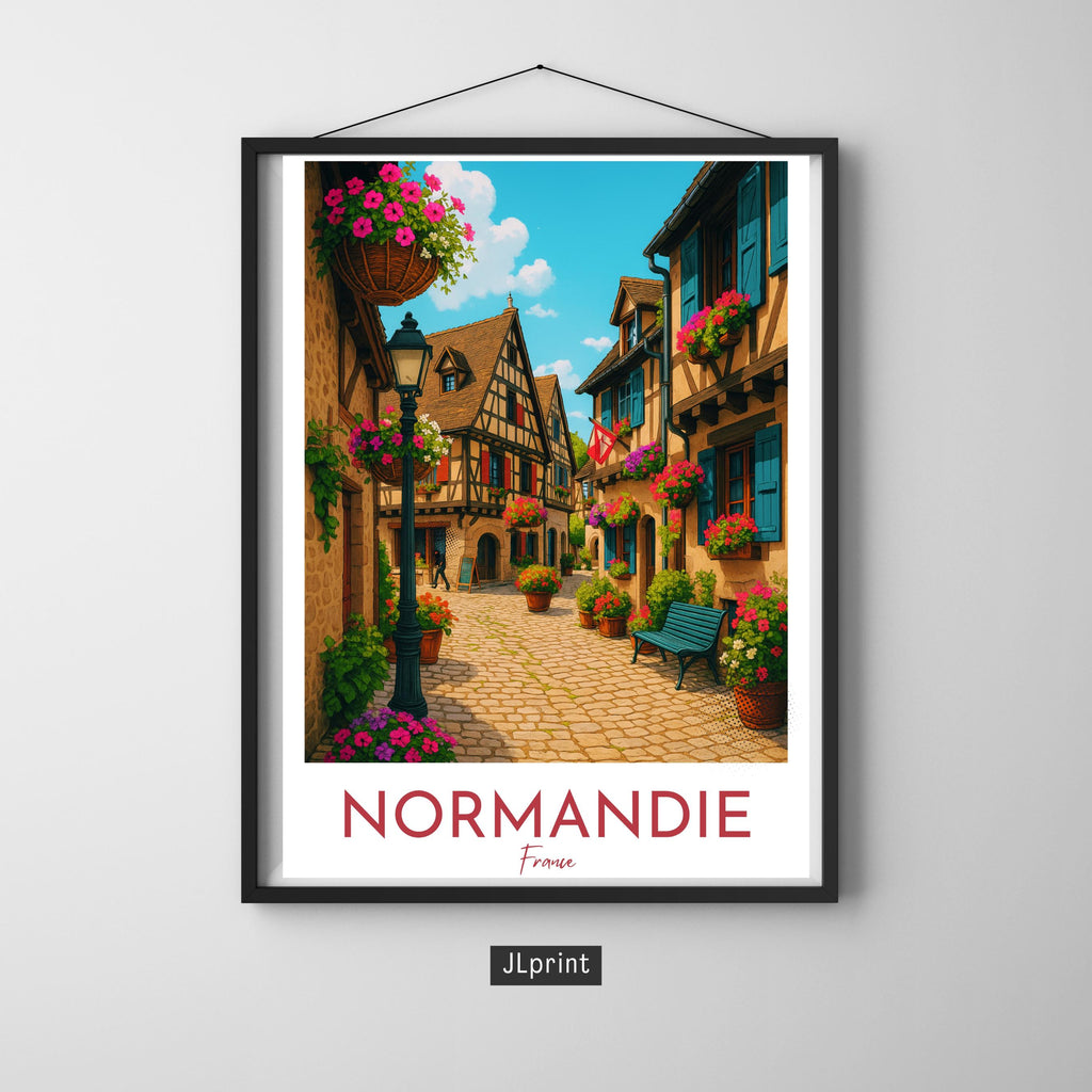 Affiche voyage - Normandie, France, Village, Fleurs - moderne, impression, poster