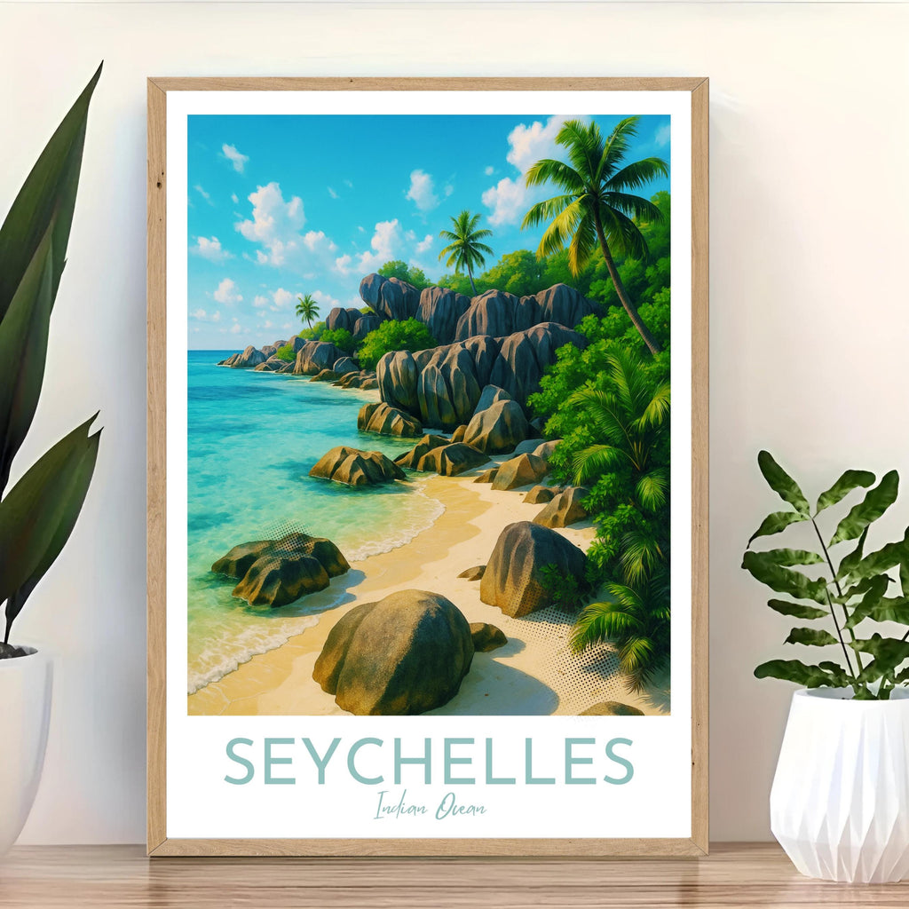 Affiche voyage - Seychelles, Océan Indien, Afrique, Plage - art moderne, impression, poster