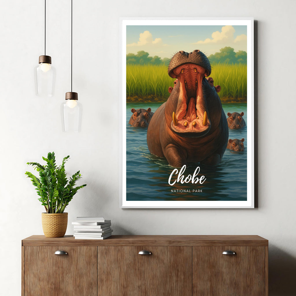 Affiche voyage - Chobe, Parc National, Botswana, Hippopotames - art moderne, impression, poster