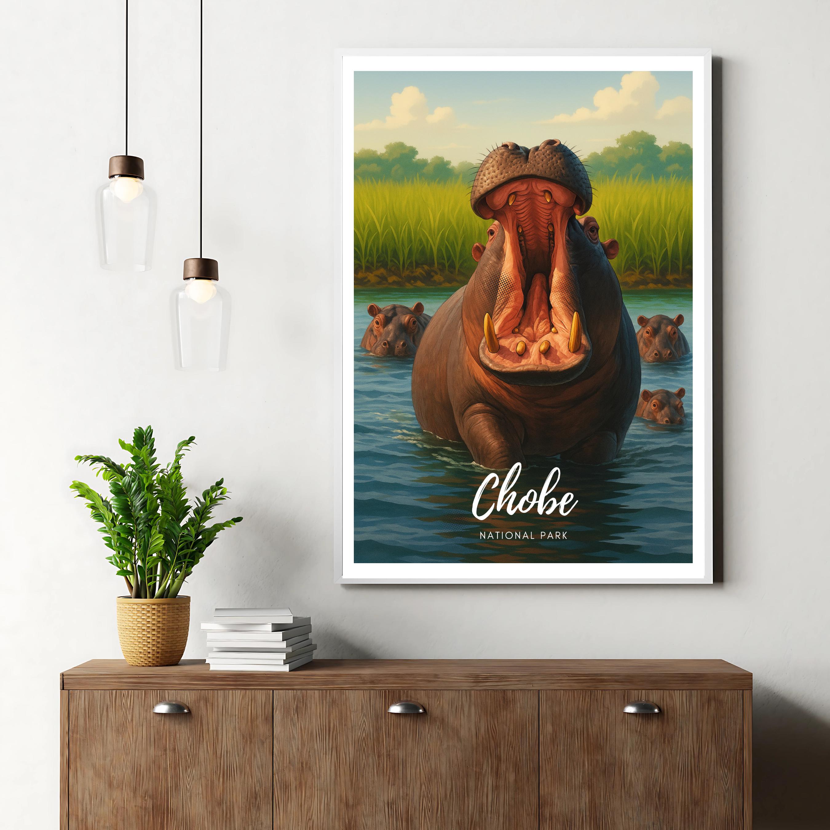Affiche voyage - Chobe, Parc National, Botswana, Hippopotames - art moderne, impression, poster