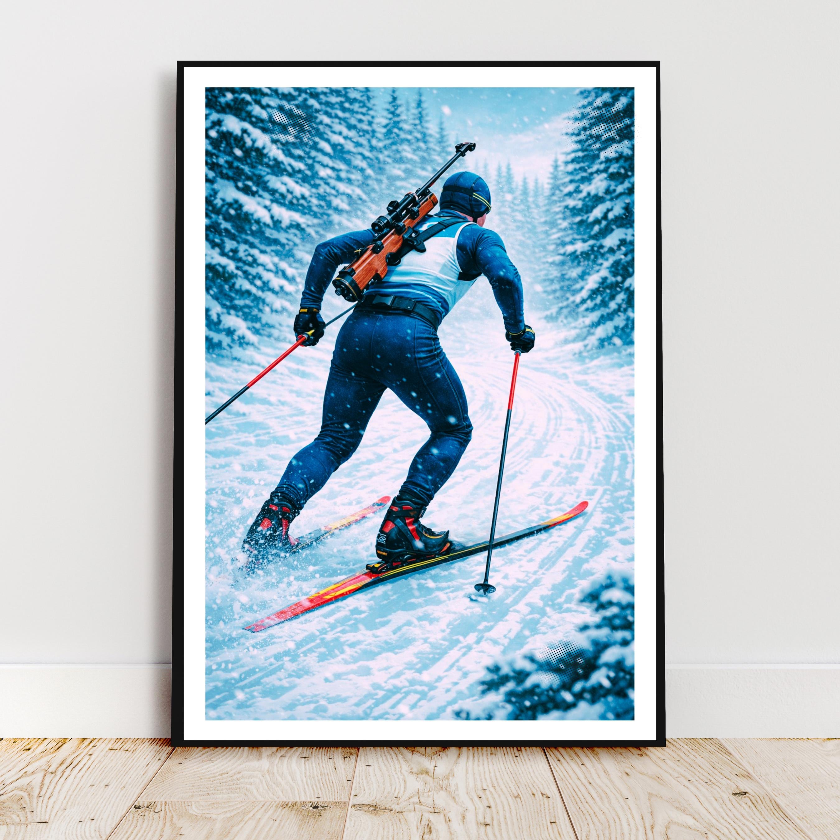 Affiche sport - Biathlon, Ski de Fond, Tir a la Carabine, Hiver - art moderne, impression, poster