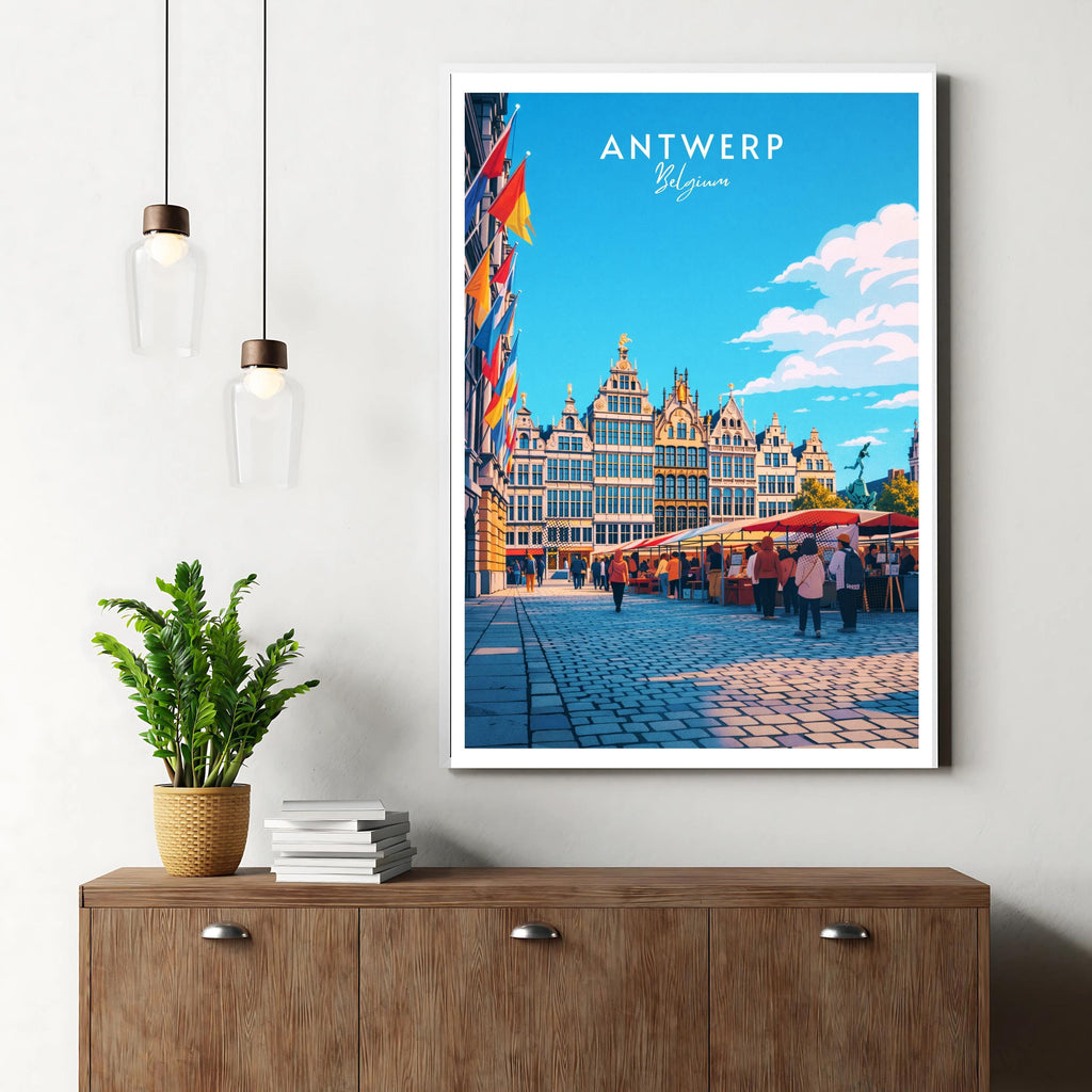 Affiche voyage - Anvers, Flandre, Belgique, Grande Place - art moderne, impression, poster