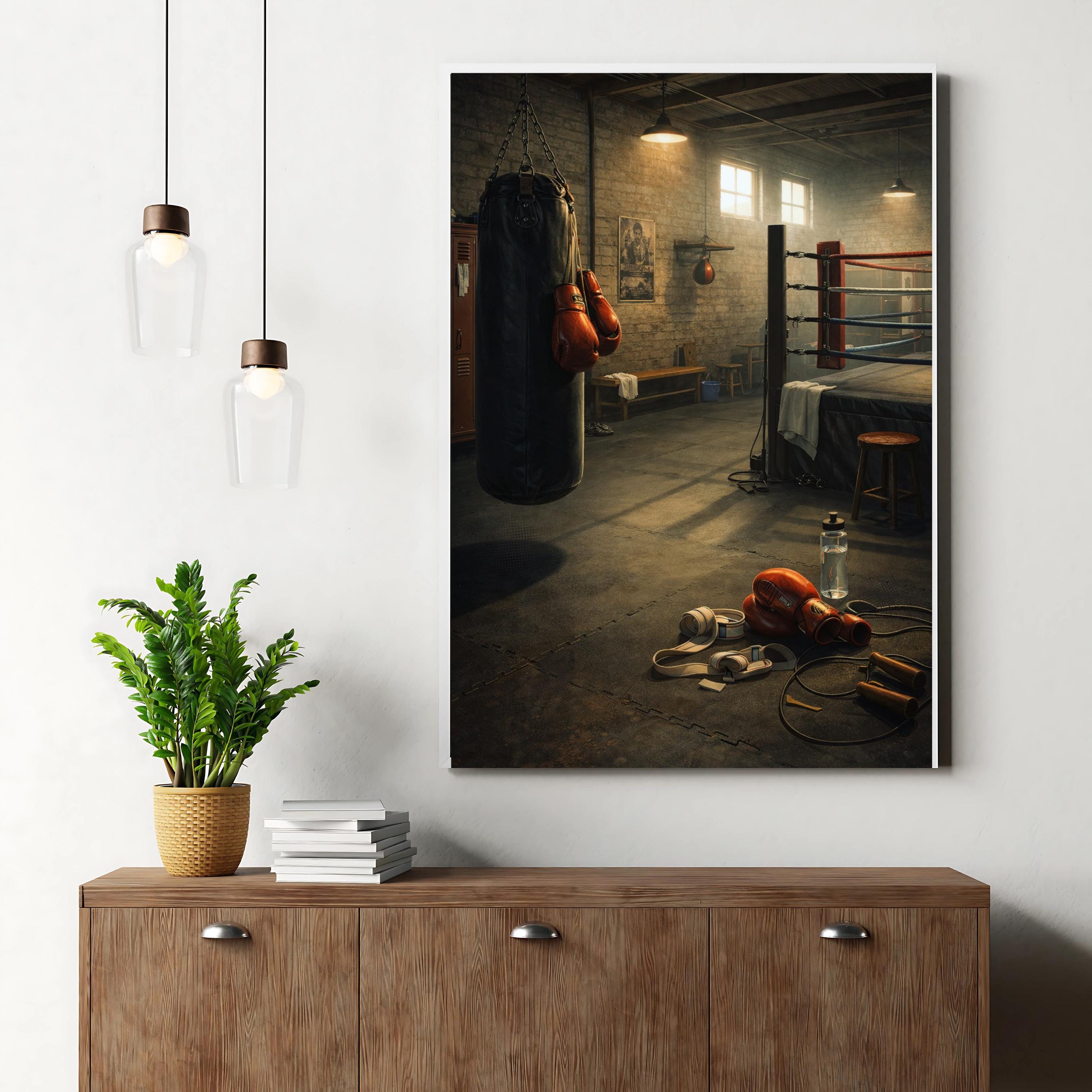 Affiche sport - Boxe, Salle Entrainement, Gants, Sac de Frappe - art moderne, impression, poster