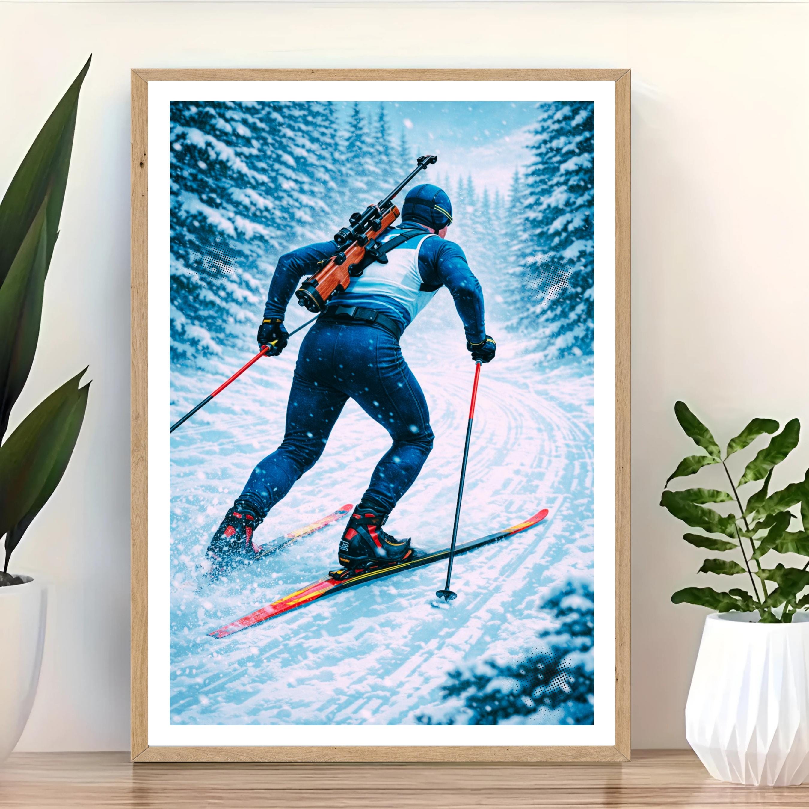 Affiche sport - Biathlon, Ski de Fond, Tir a la Carabine, Hiver - art moderne, impression, poster