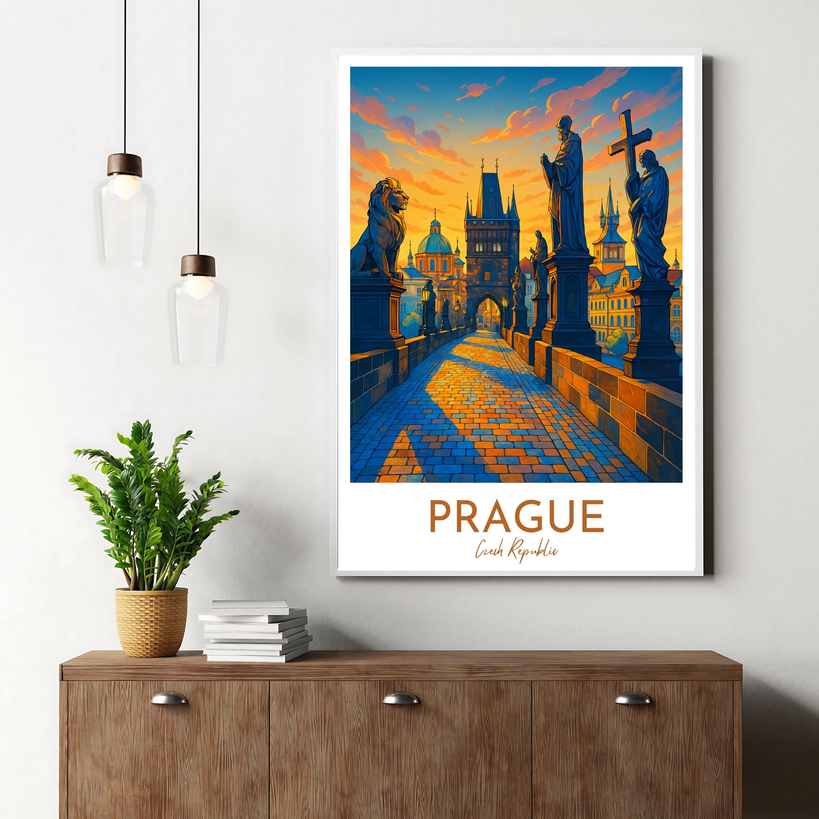 Affiche voyage - Prague, République Tchèque, Tchéquie, Pont Charles - art moderne, impression, poster