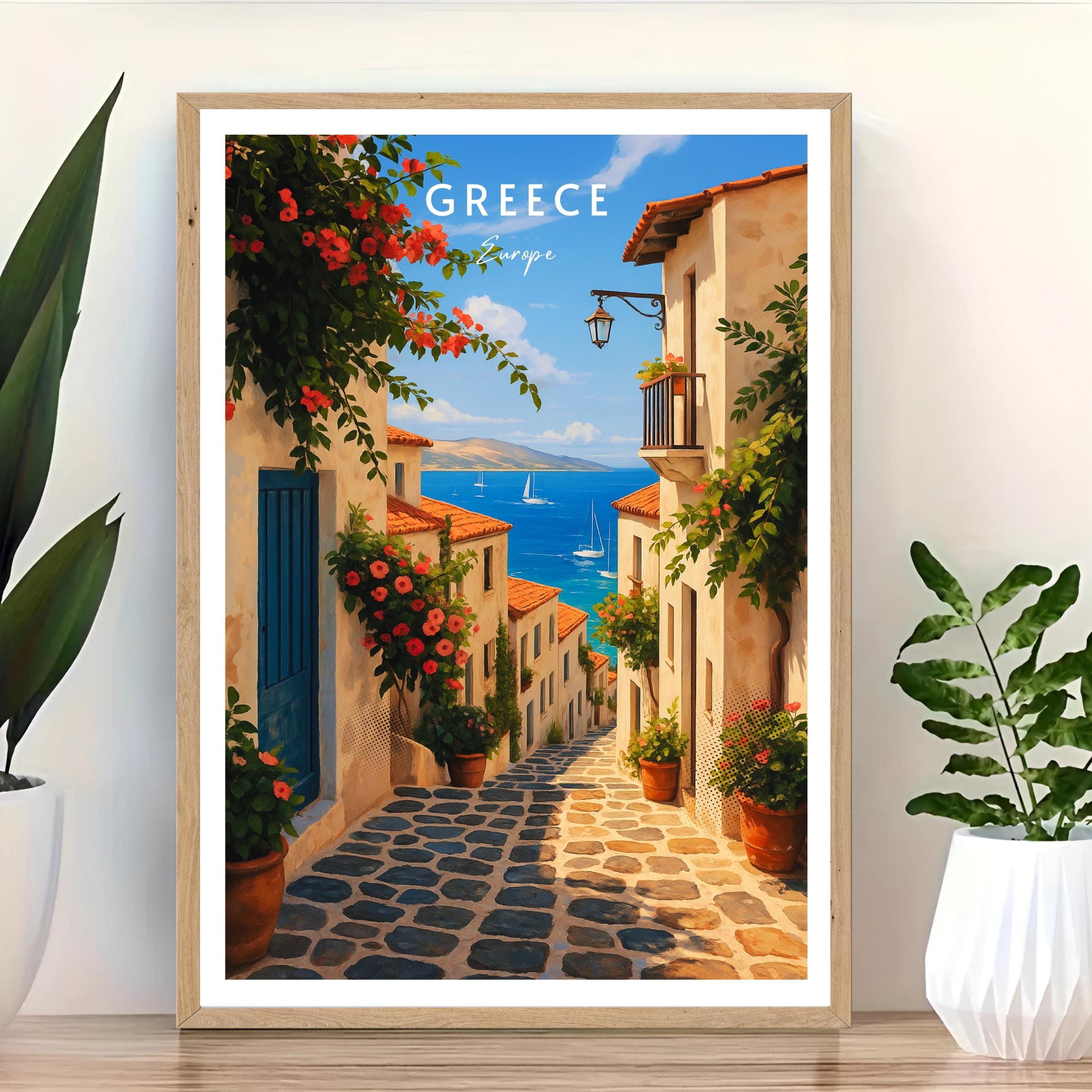 Affiche voyage - Grèce, Europe, Méditerranée, Village - art moderne, impression, poster