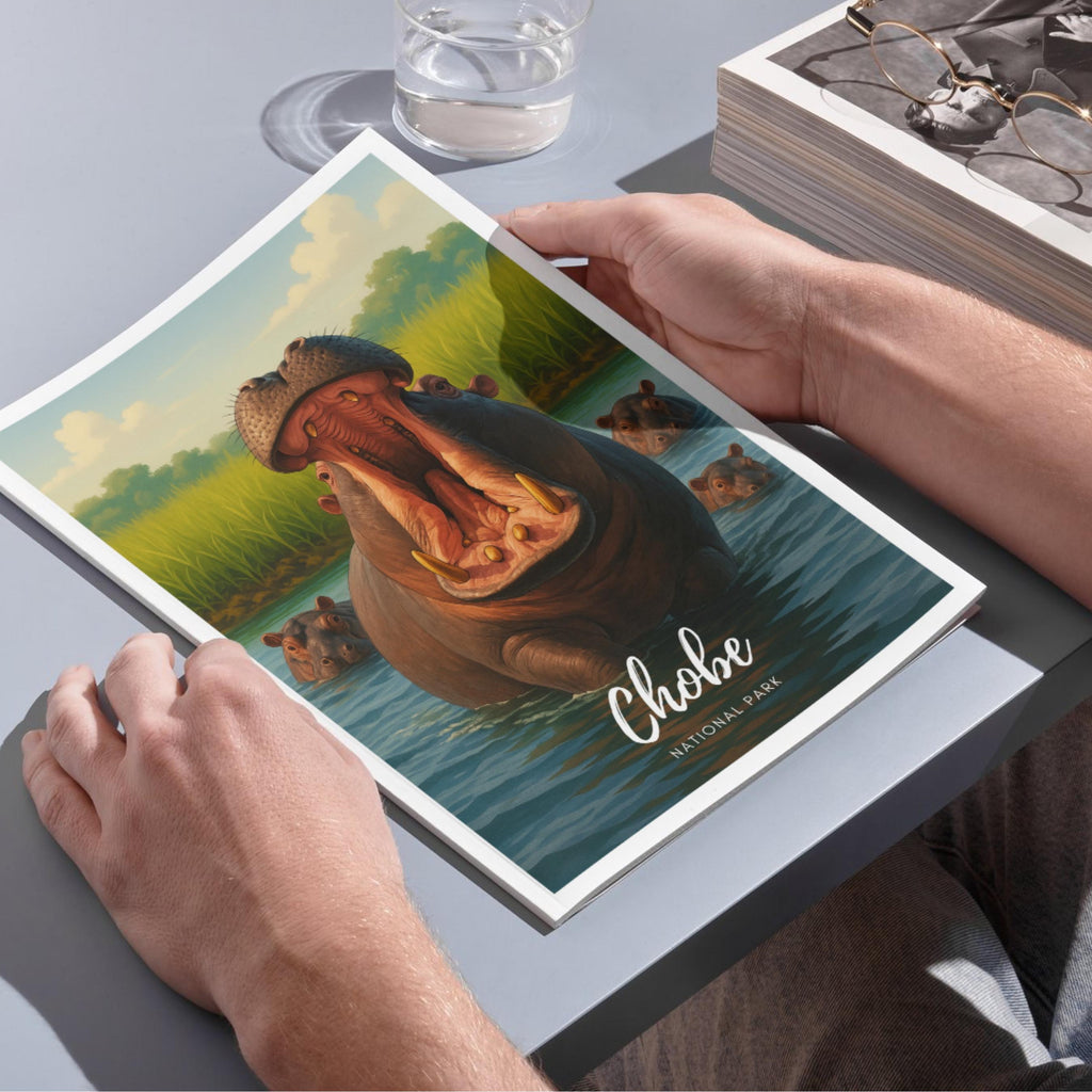 Affiche voyage - Chobe, Parc National, Botswana, Hippopotames - art moderne, impression, poster