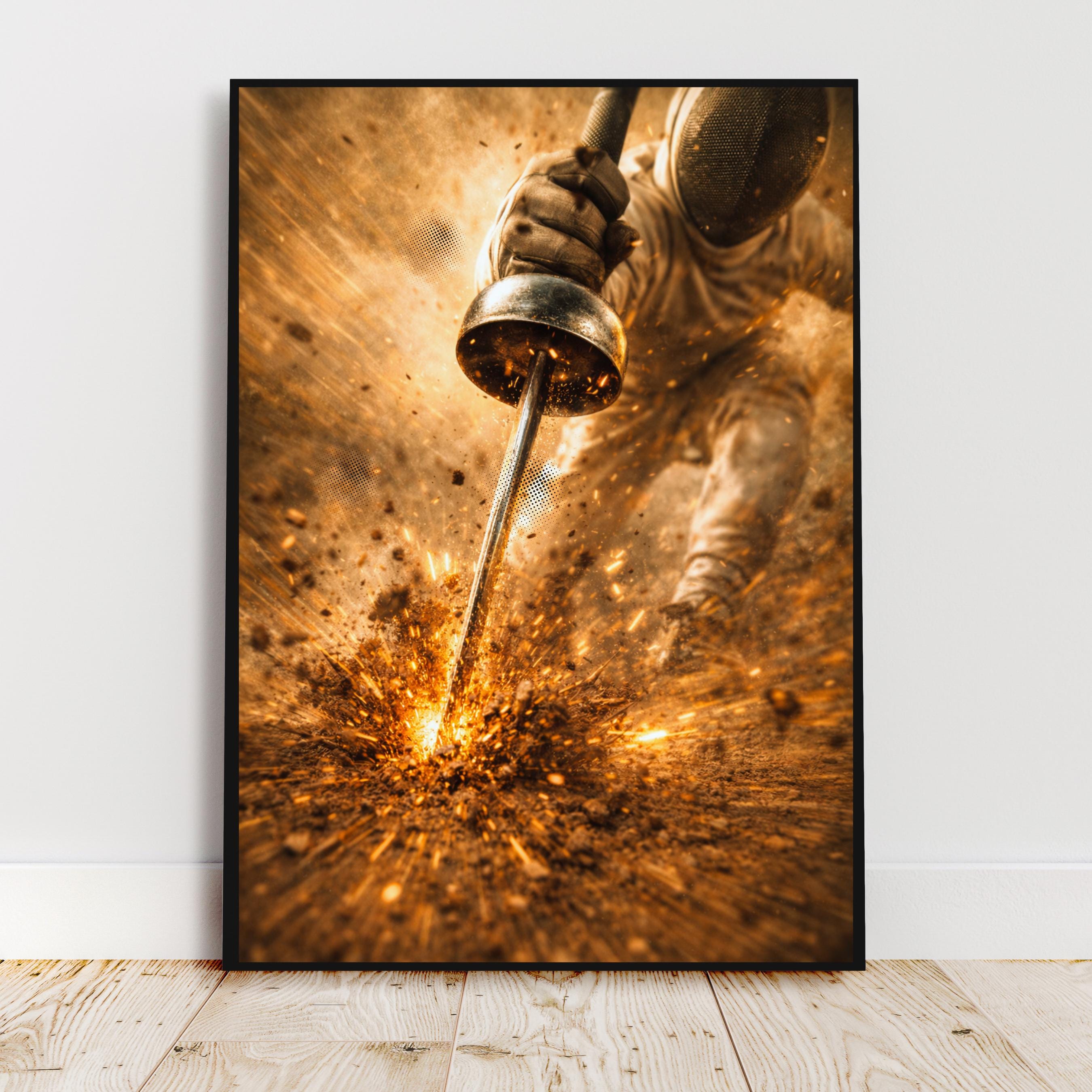 Affiche sport -  Escrime, Epée, Escrimeur, Excalibur - art moderne, impression, poster