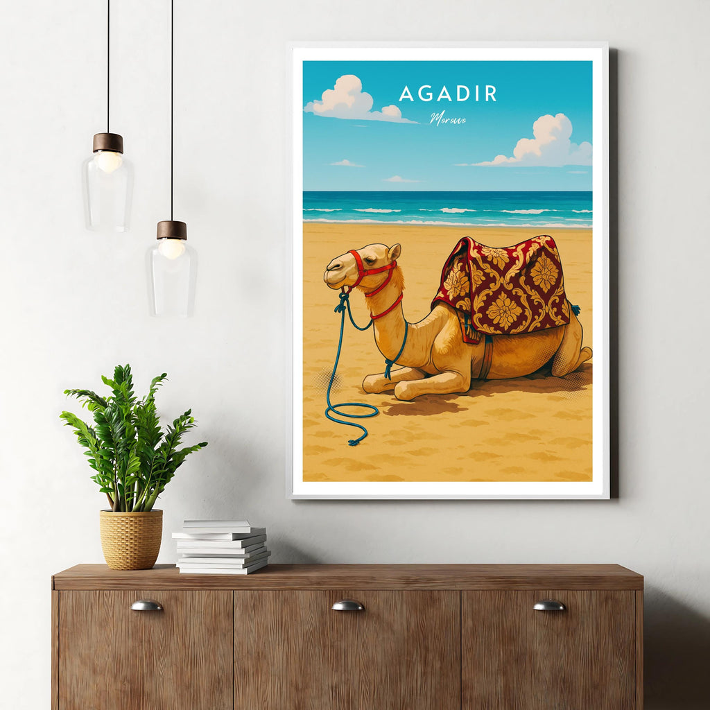 Affiche voyage - Agadir, Maroc, Maghreb, Dromadaire - art moderne, impression, poster