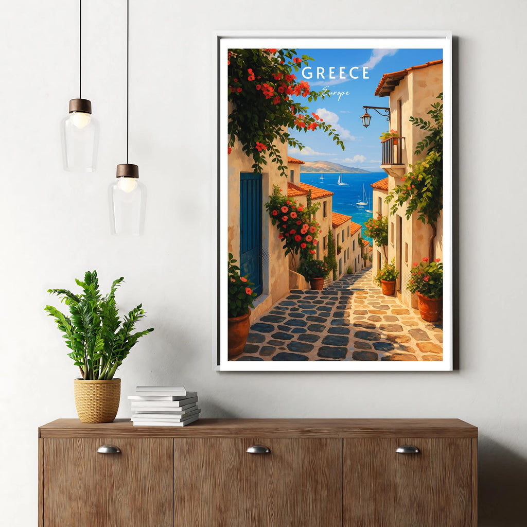 Affiche voyage - Grèce, Europe, Méditerranée, Village - art moderne, impression, poster