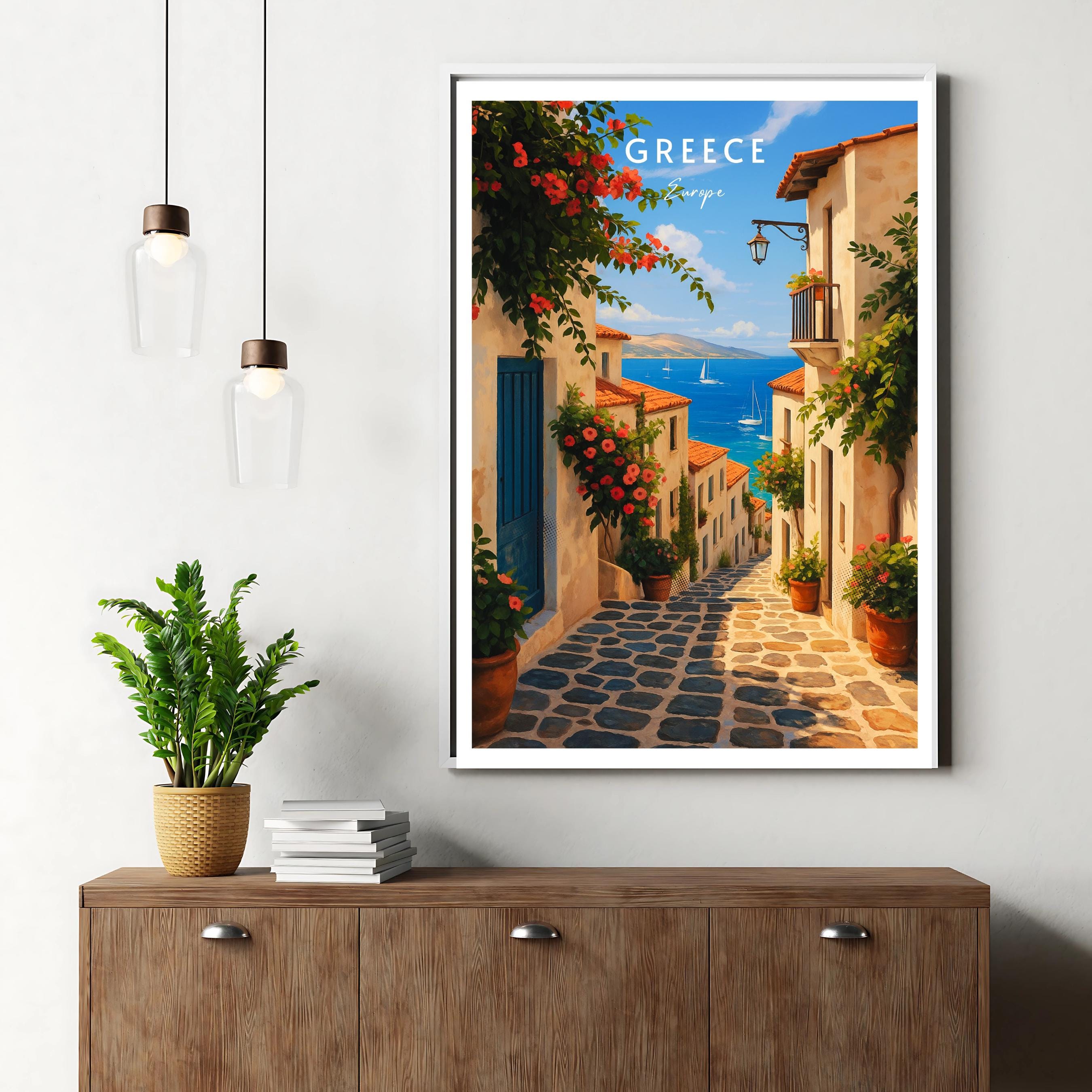 Affiche voyage - Grèce, Europe, Méditerranée, Village - art moderne, impression, poster