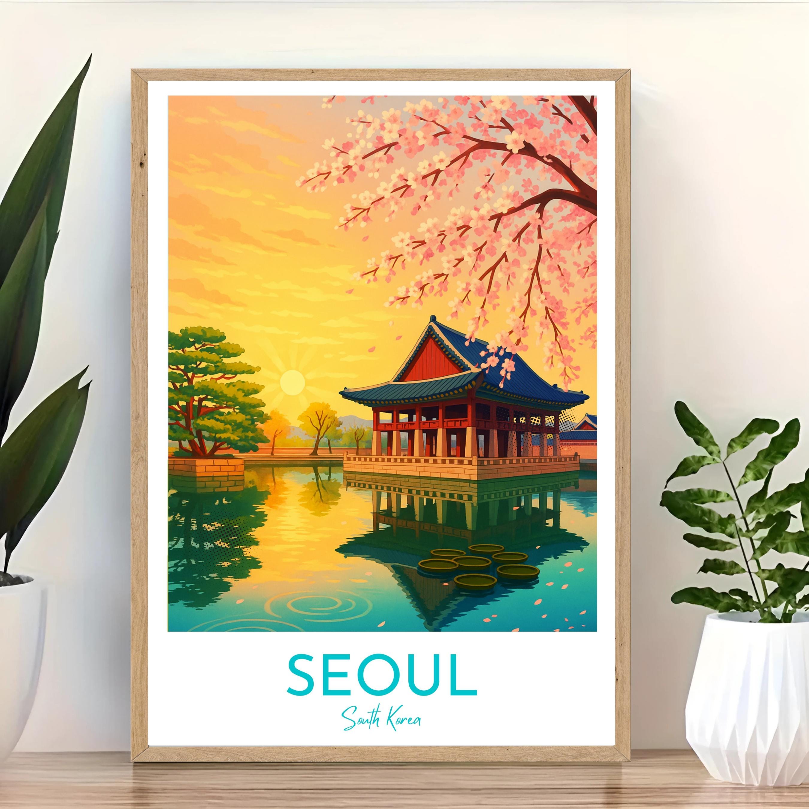Affiche voyage - Séoul, Corée du Sud, Asie, Pavillon Gyeonghoeru - art moderne, impression, poster