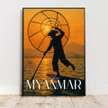 Affiche voyage - Myanmar, Birmanie, Asie, Pêcheur - art moderne, impression, poster