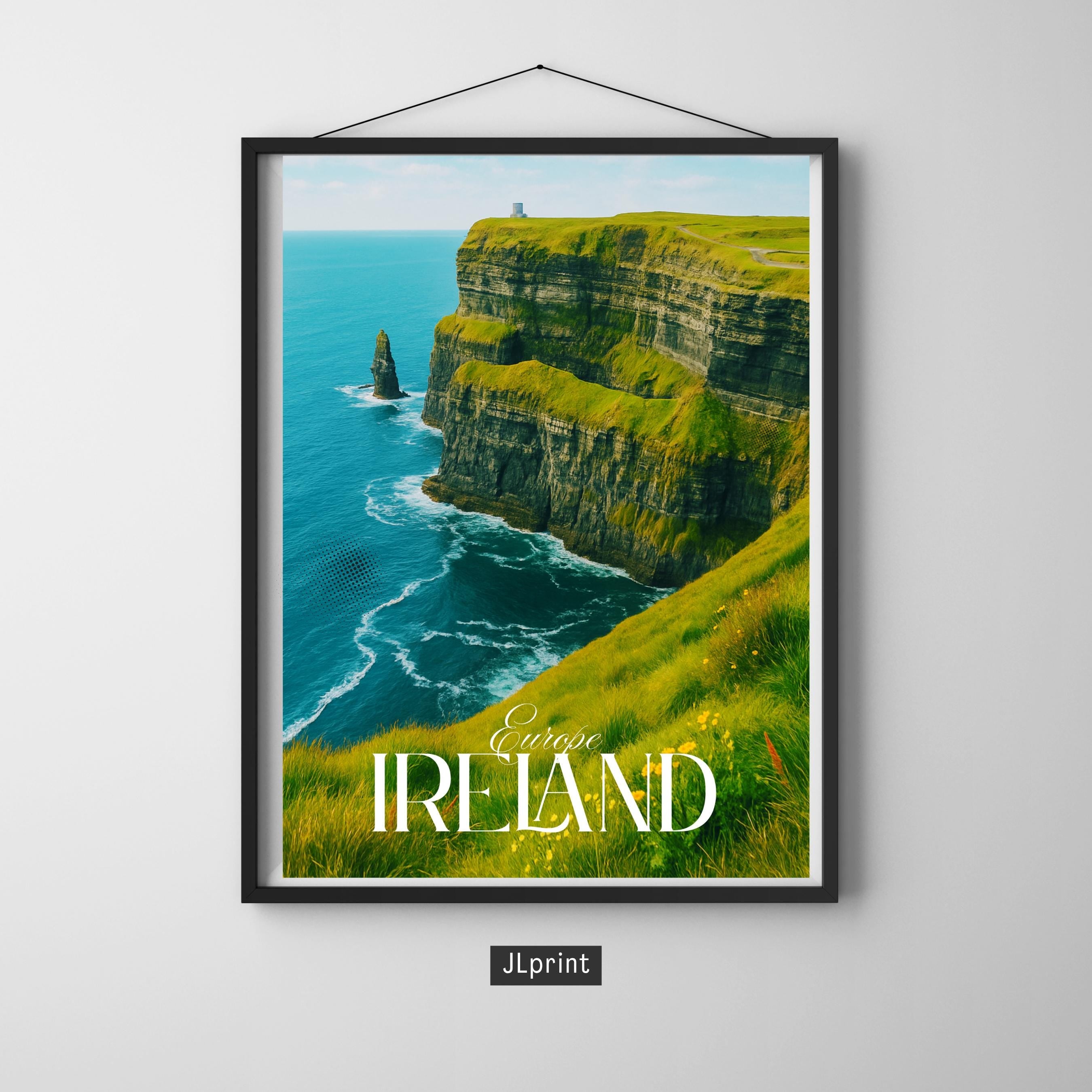Affiche voyage - Irlande, Europe, Falaises de Moher, Océan Atlantique - art moderne, impression, poster