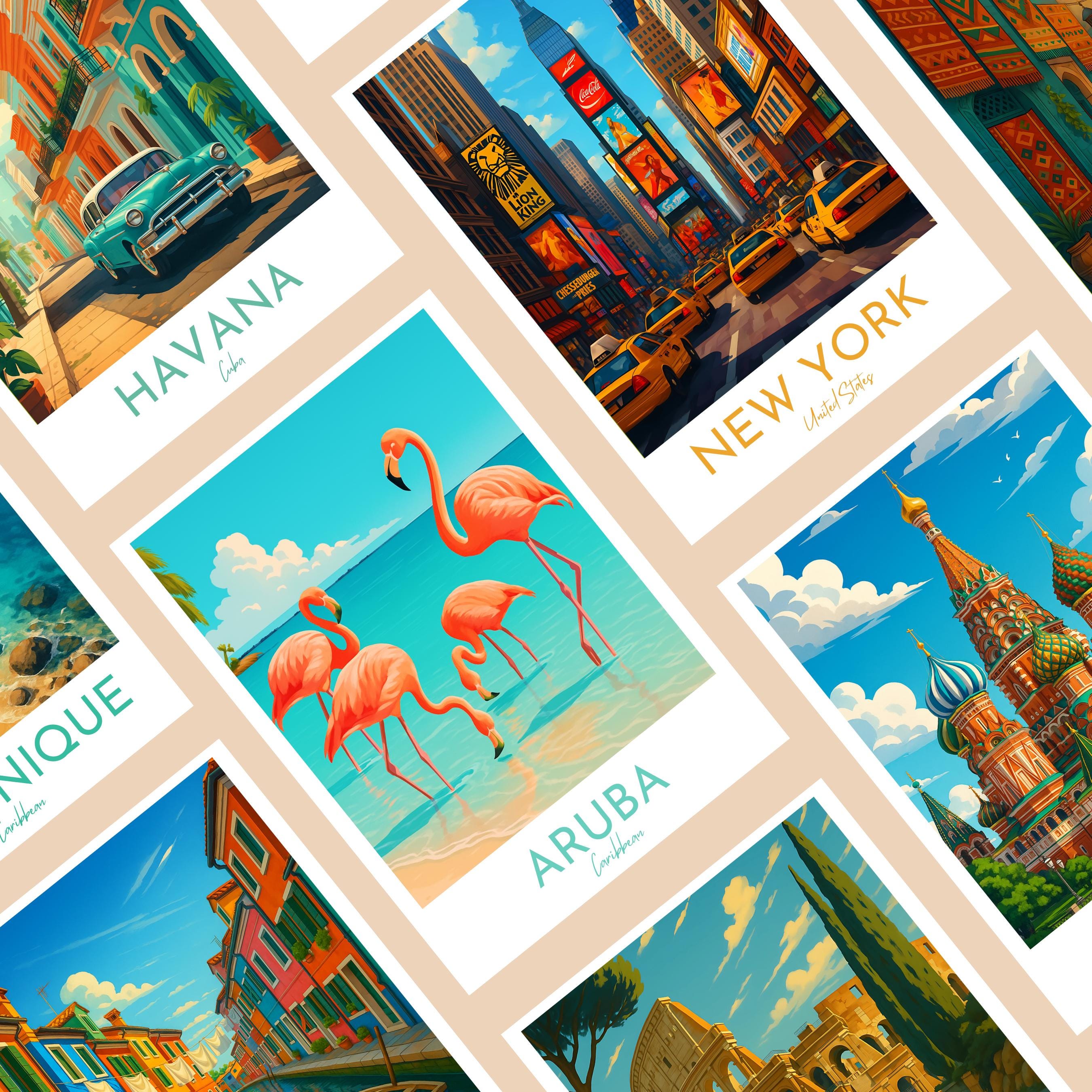 Affiche voyage - Aruba, Antilles, Caraïbes, Flamants Roses - art moderne, impression, poster