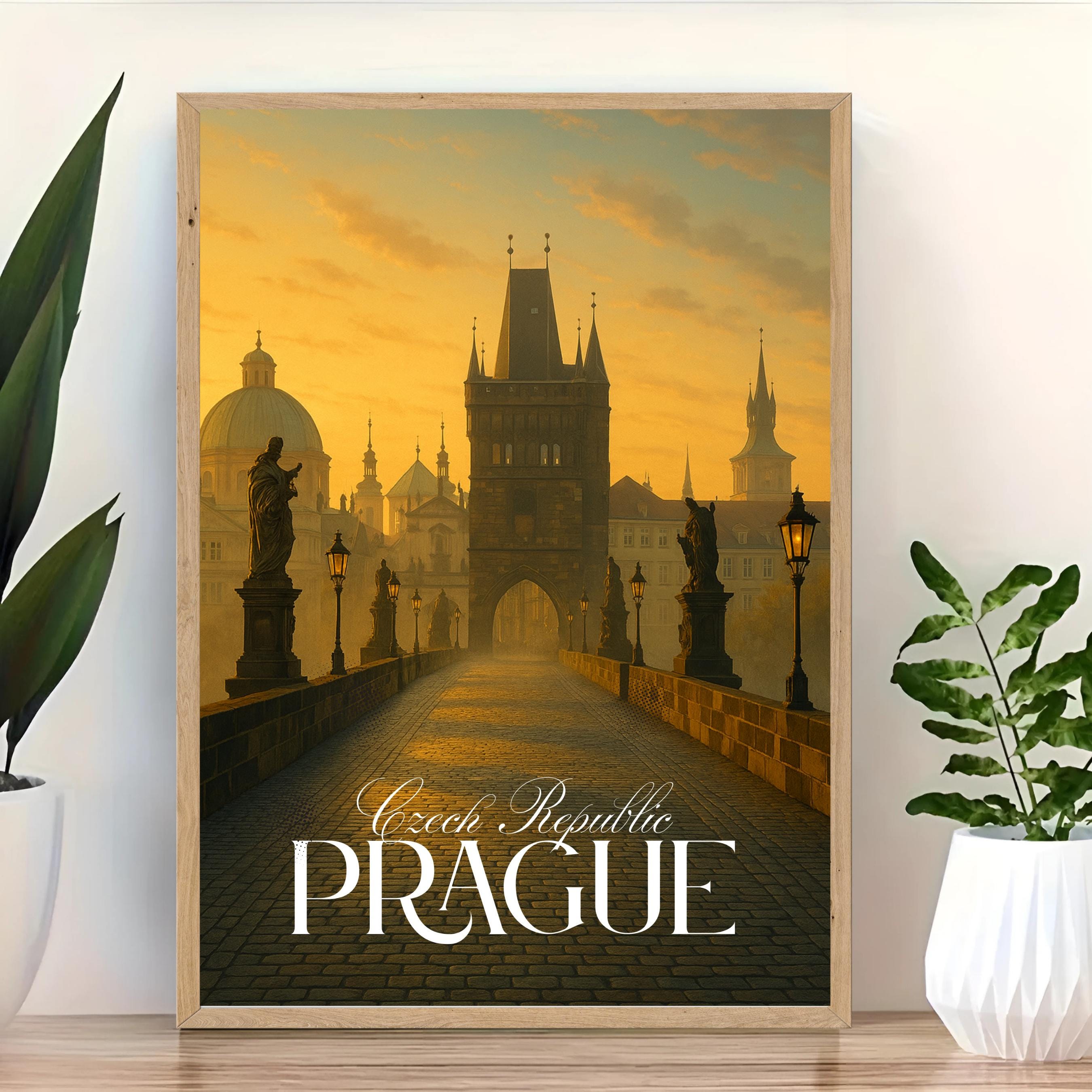 Affiche voyage - Prague, République Tchèque, Tchéquie, Pont Charles - art moderne, impression, poster