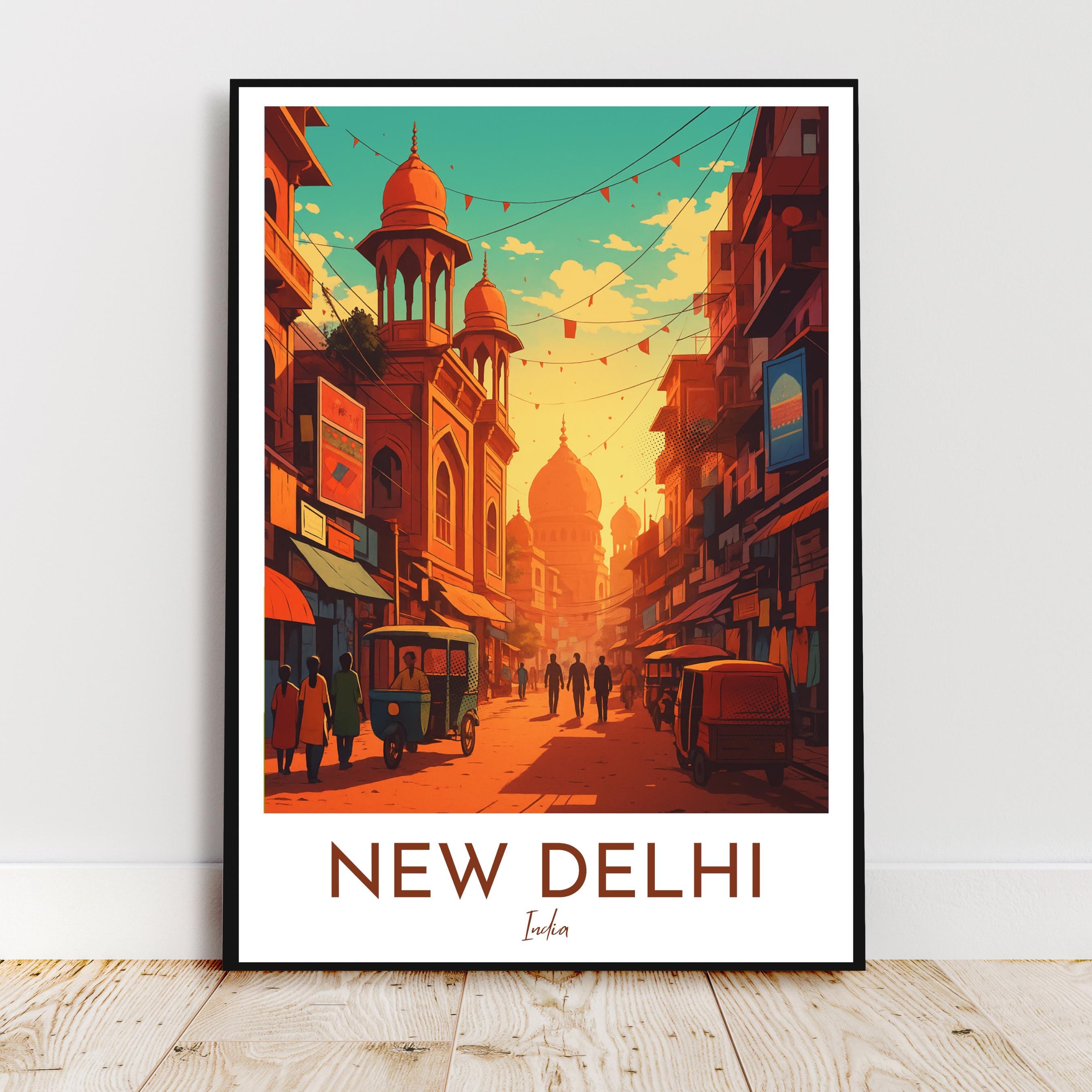 Affiche voyage - New Delhi, Inde, Asie, Rue Animée - art moderne, impression, poster