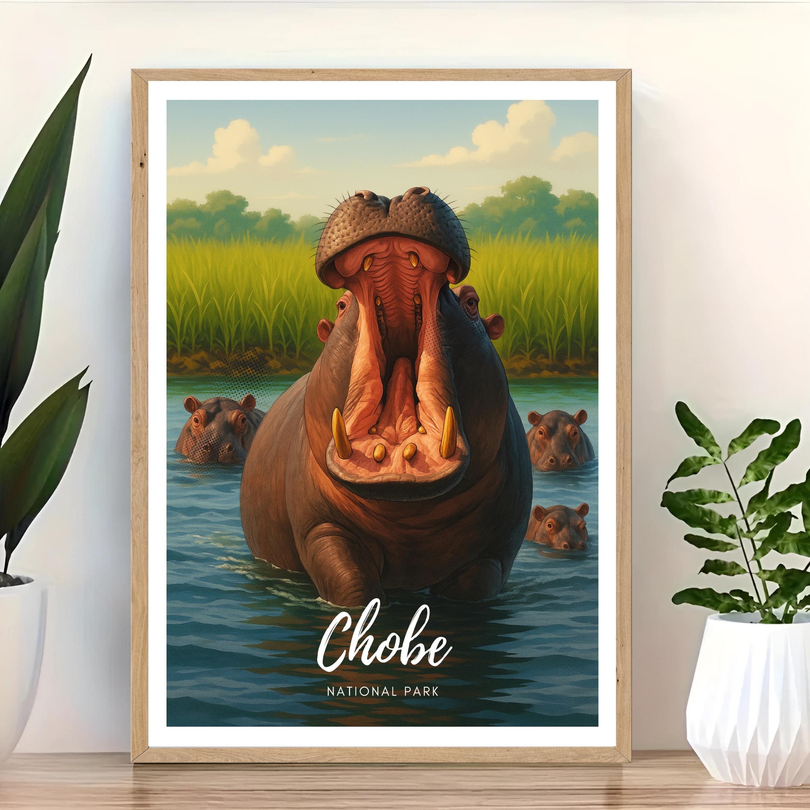 Affiche voyage - Chobe, Parc National, Botswana, Hippopotames - art moderne, impression, poster