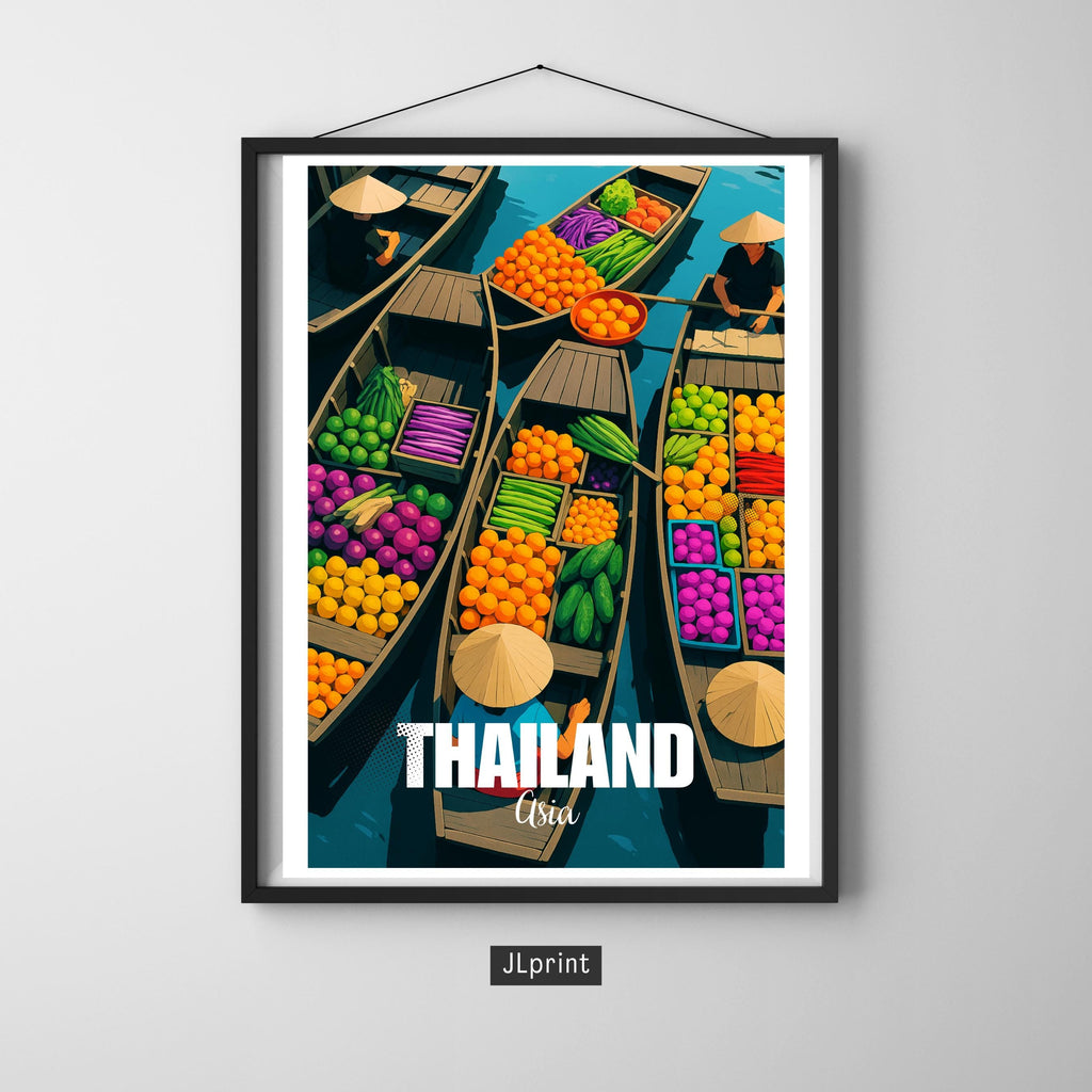 Affiche voyage - Thaïlande, Asie, Marché Flottant, Pirogues - art moderne, impression, poster