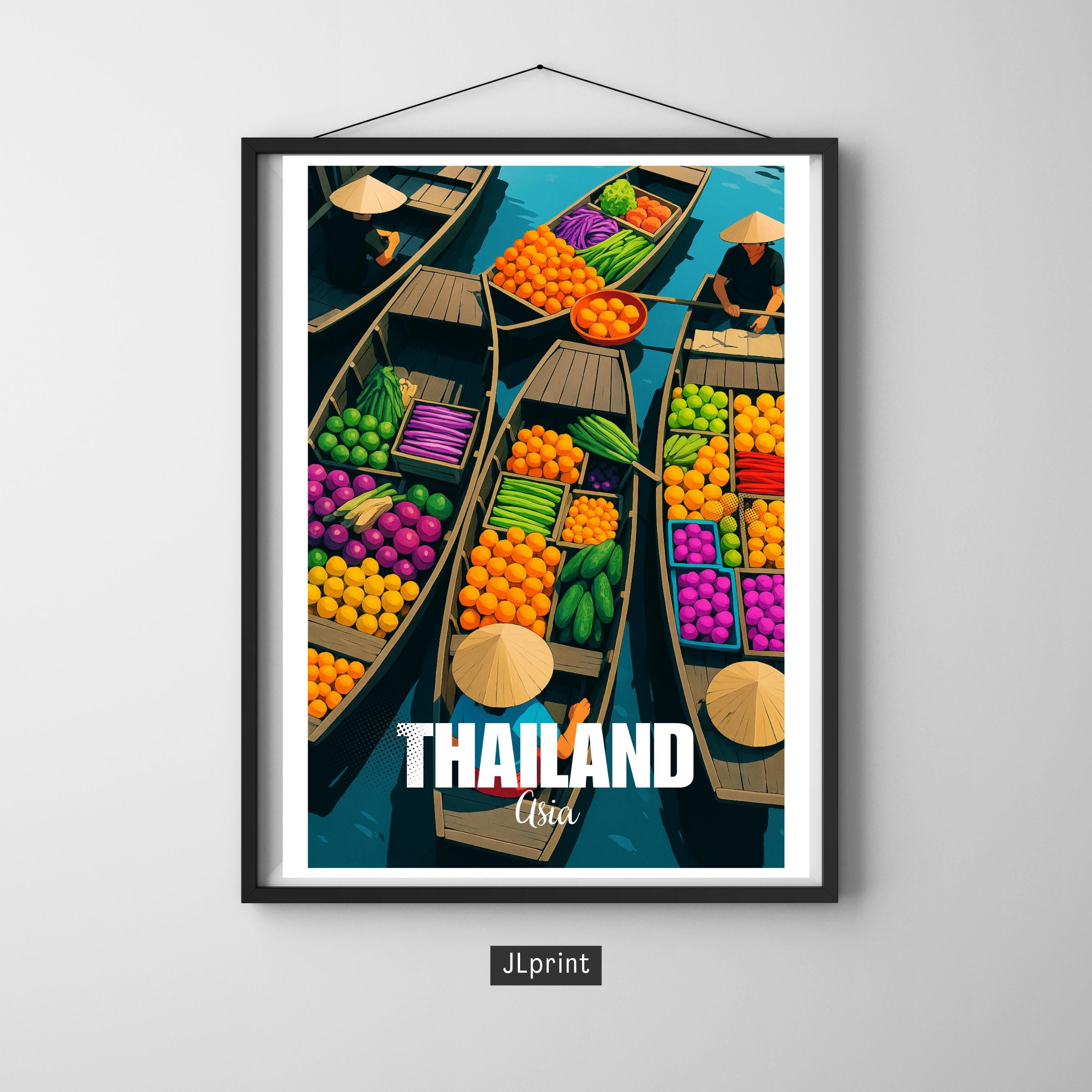 Affiche voyage - Thaïlande, Asie, Marché Flottant, Pirogues - art moderne, impression, poster