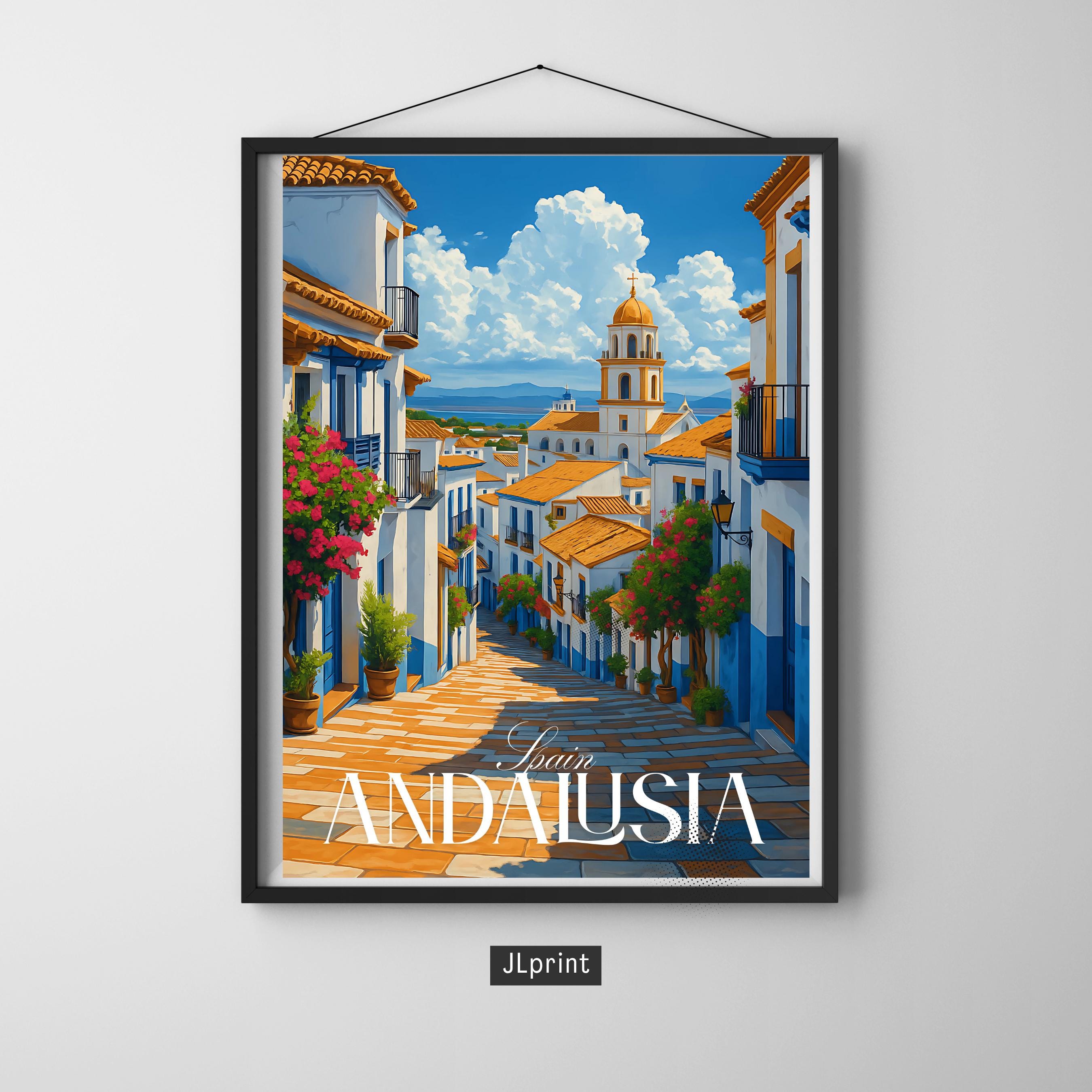 Affiche voyage - Andalousie, Espagne, Méditerranée, Village - art moderne, impression, poster