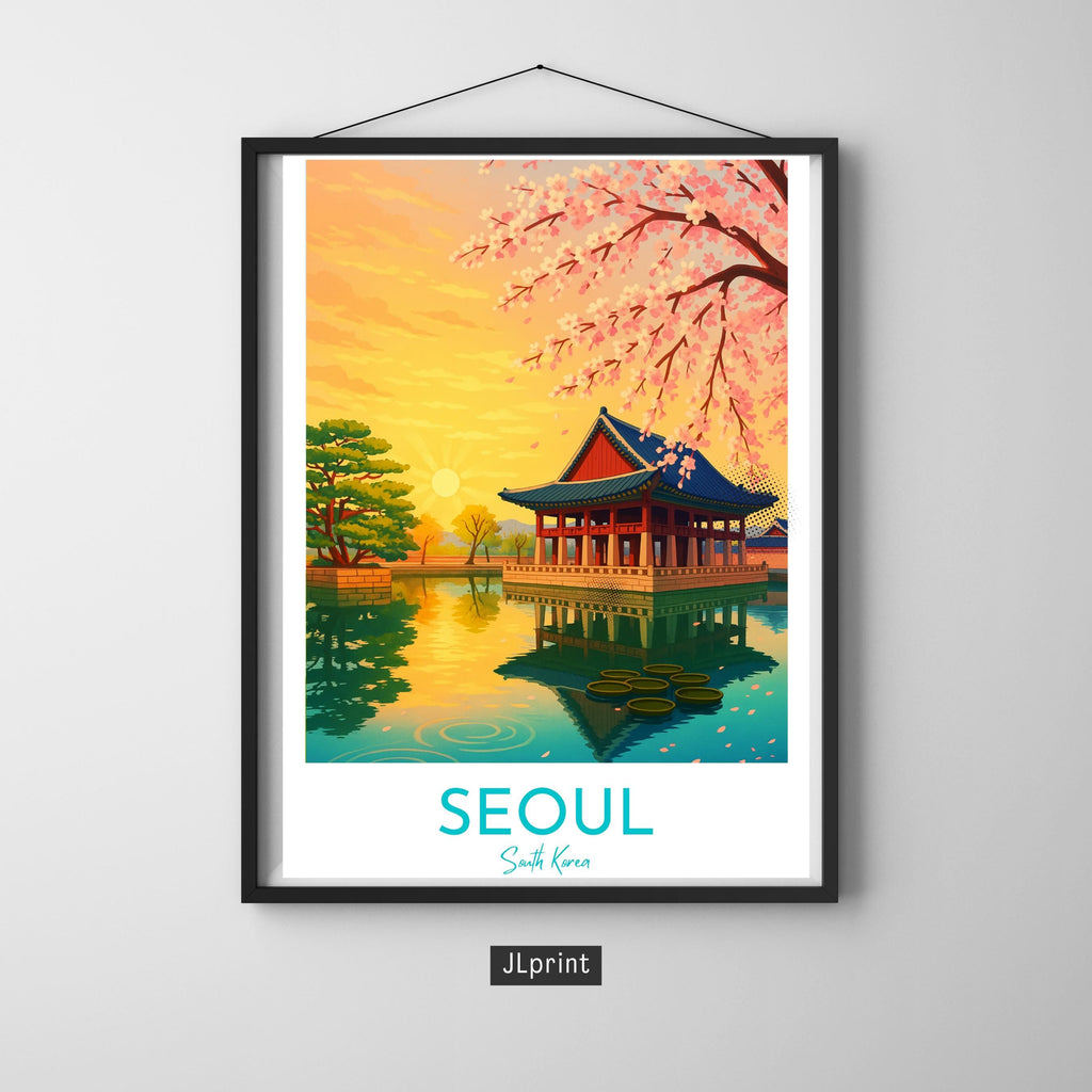 Affiche voyage - Séoul, Corée du Sud, Asie, Pavillon Gyeonghoeru - art moderne, impression, poster