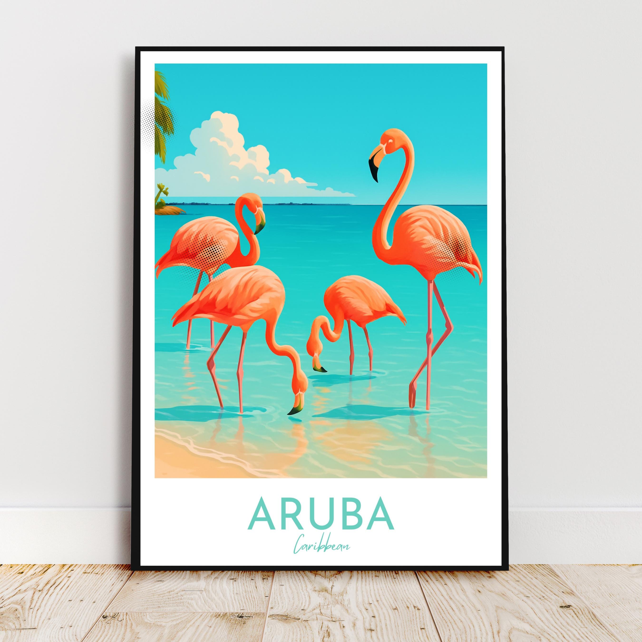 Affiche voyage - Aruba, Antilles, Caraïbes, Flamants Roses - art moderne, impression, poster